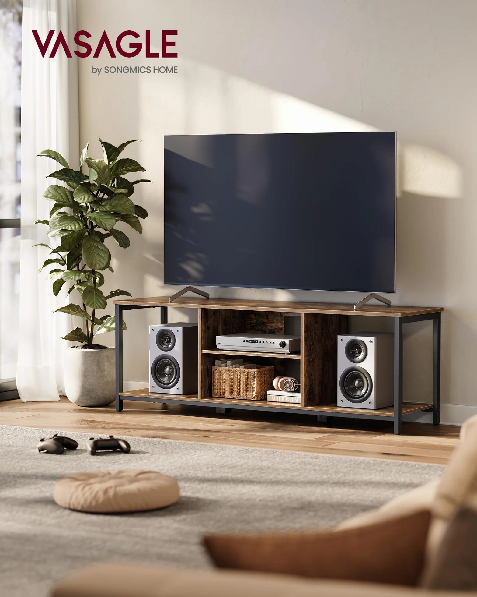 VASAGLE Soporte de TV hasta 65 Pulgadas Mueble Tele con Estantes Abiertos Consola Sala de Estar Marron Rustico Negro LTV061K01