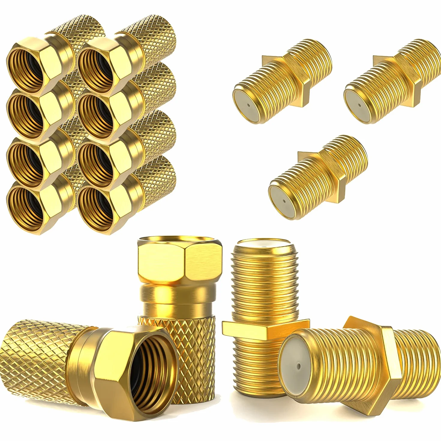 Conector F 7 mm atornillable | 10 piezas conectores + 5 adaptadores F-hembra-hembra | Alargador cable Sat chapado en oro | Junta de goma | Tuerca ancha | Antena coaxial TV satélite