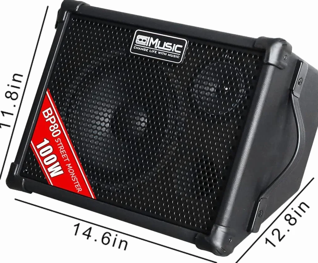 BP80 Amplificador de guitarra acústica con batería, altavoz portátil Bluetooth, 100 W, 6 entradas, ecualizador de 3 bandas, Negro