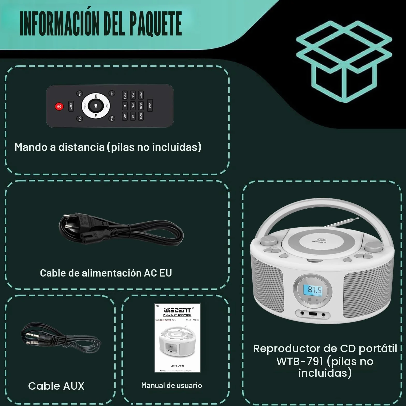 Radio CD Portátil Bluetooth USB MP3 Estéreo Boombox WTB791