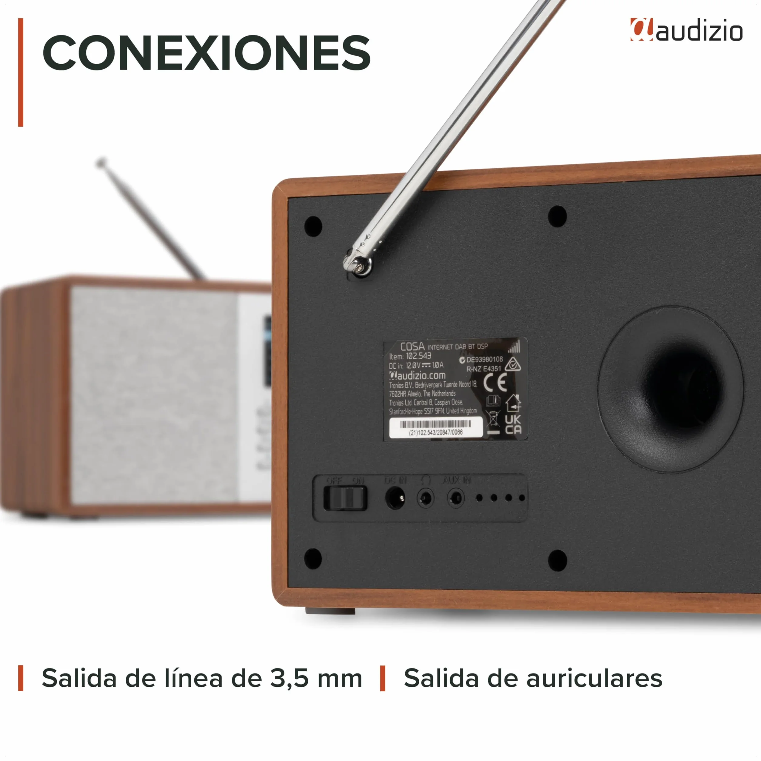 Audizio Cosa – Radio Dab+ FM Internet con Bluetooth 5.2, WiFi, 30W, Pantalla Color 2.4", Altavoz Radio Bluetooth con Entrada AUX y Salida Auriculares para casa y Oficina, Color Madera