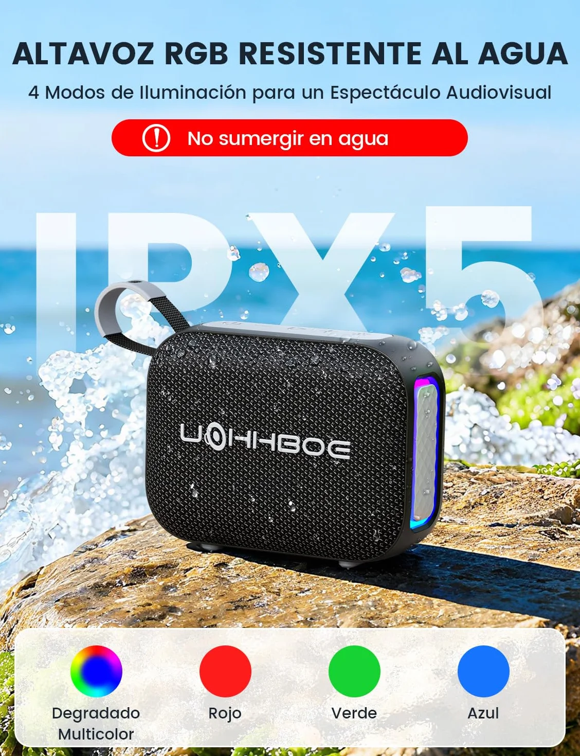 UOHHBOE Altavoz Bluetooth 6.0 20W Potente con Luz LED, TWS, IPX5 Impermeable, 24 Horas, Portátil