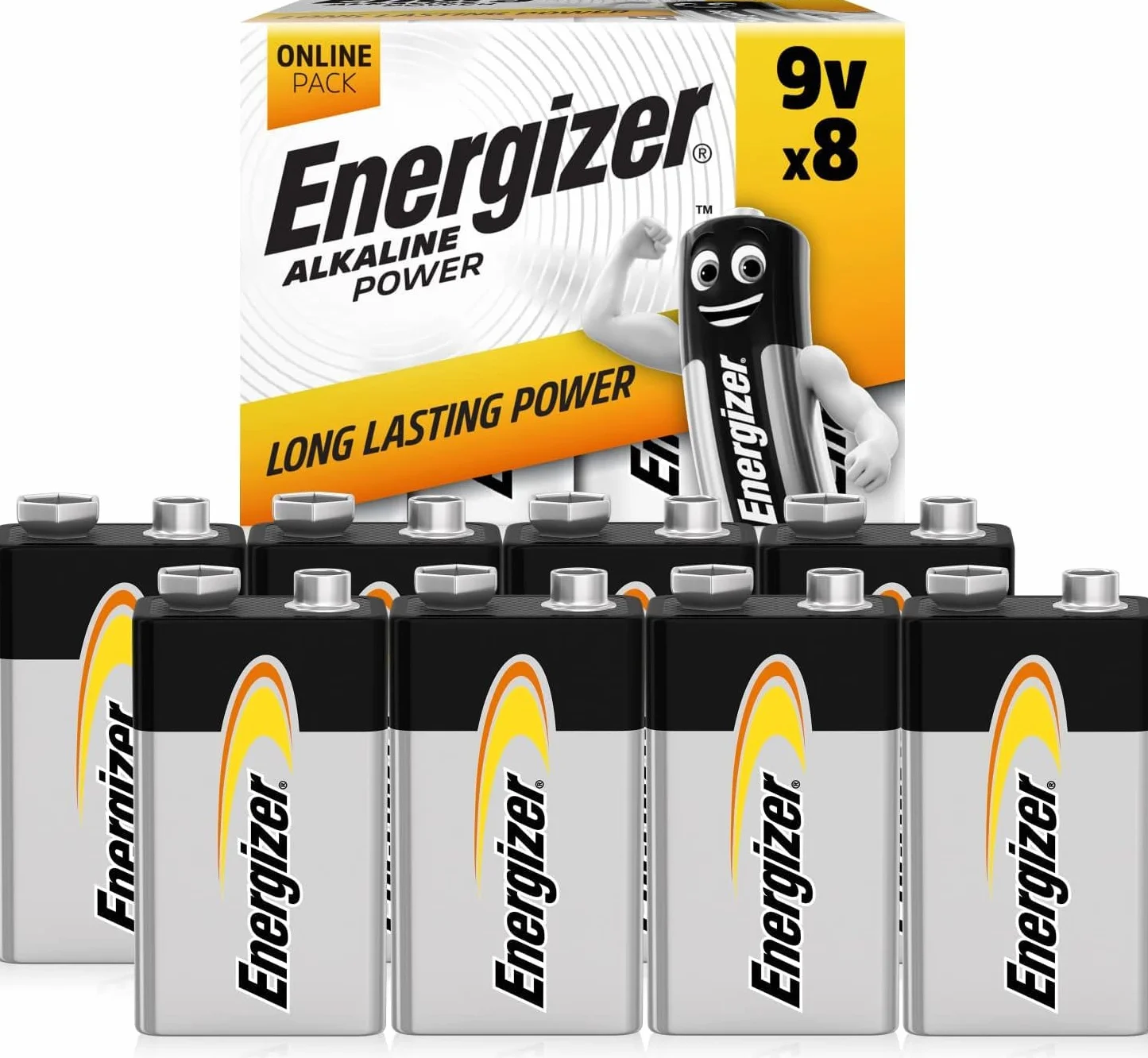 Energizer Alkaline Power - Pila 9V Alcalinas (Paquete de 8) - para Detector de Humo/monóxido de Carbono, electrónica y Audio - Embalaje 100% reciclable y sin plástico [Exclusivo en Amazon]