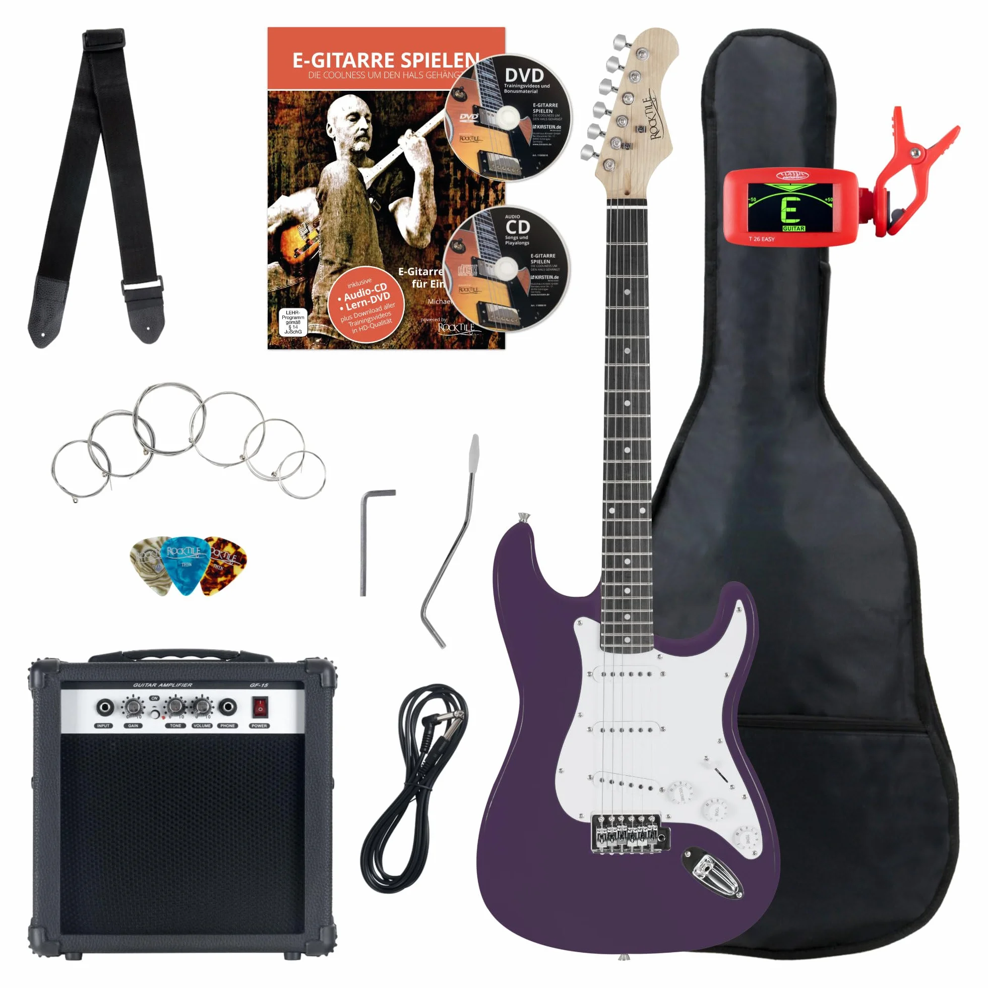 Rocktile ST-Pack Set Completo Guitarra Eléctrica Purple (Amplificador, Afinador, Tremolo, Funda, Cable, Correa, Púas, Cuerdas de Repuesto y Escuela con CD/DVD)
