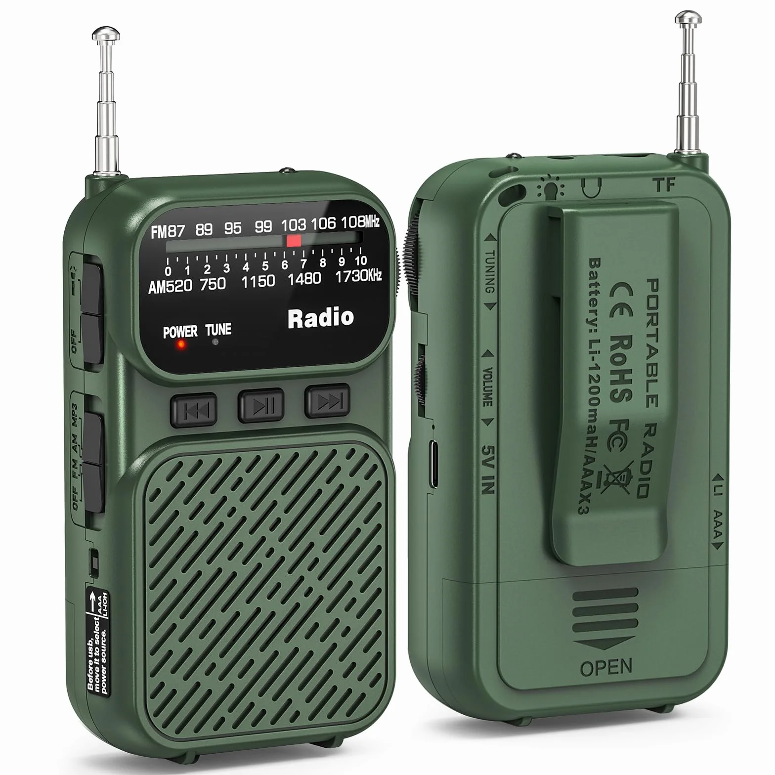 Tendak Radio Portátil AM/FM/FM Bluetooth, Mini Radio con Batería 1200 mAh, Pilas AAA, Carga USB-C, Lámpara TF (Verde)
