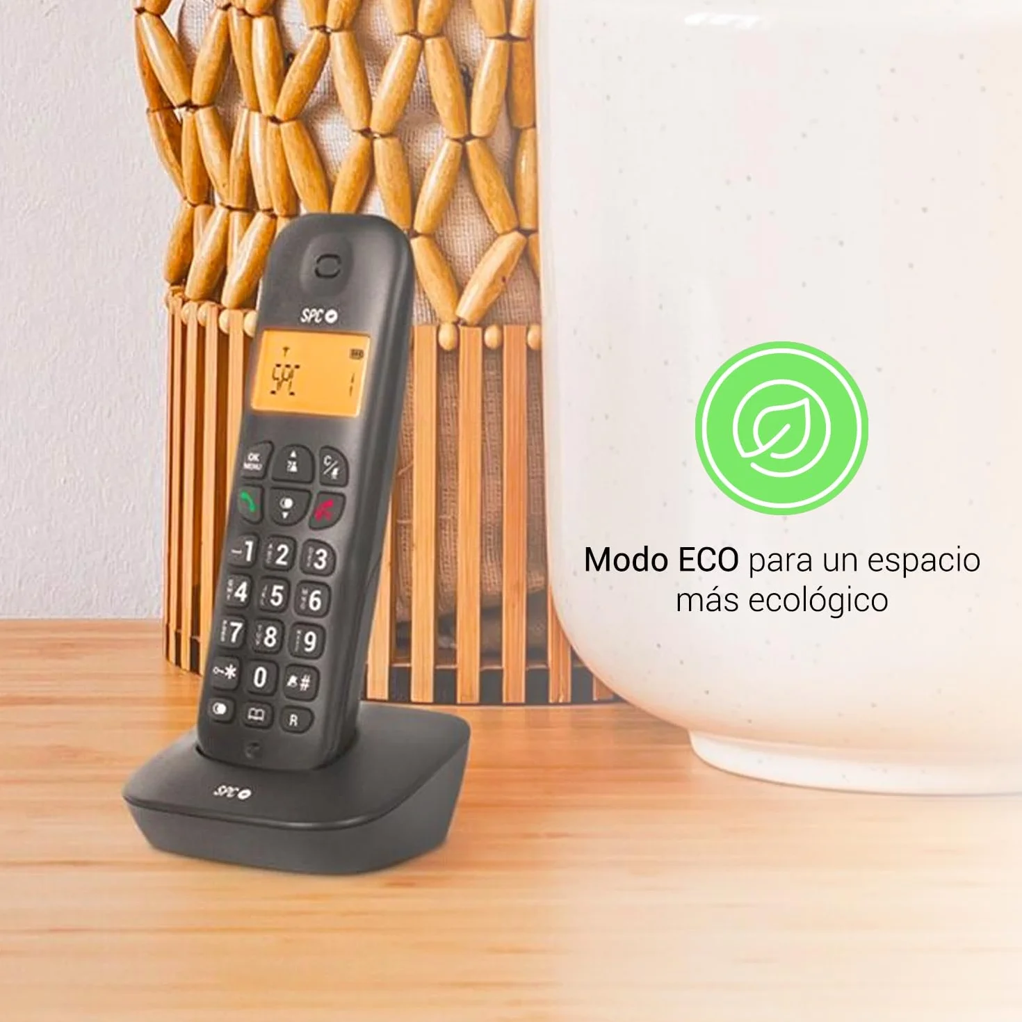 SPC Air Teléfono Fijo Inalámbrico con Pantalla Iluminada, Identificador de Llamadas, Agenda 20 Contactos, Modo Eco - Negro