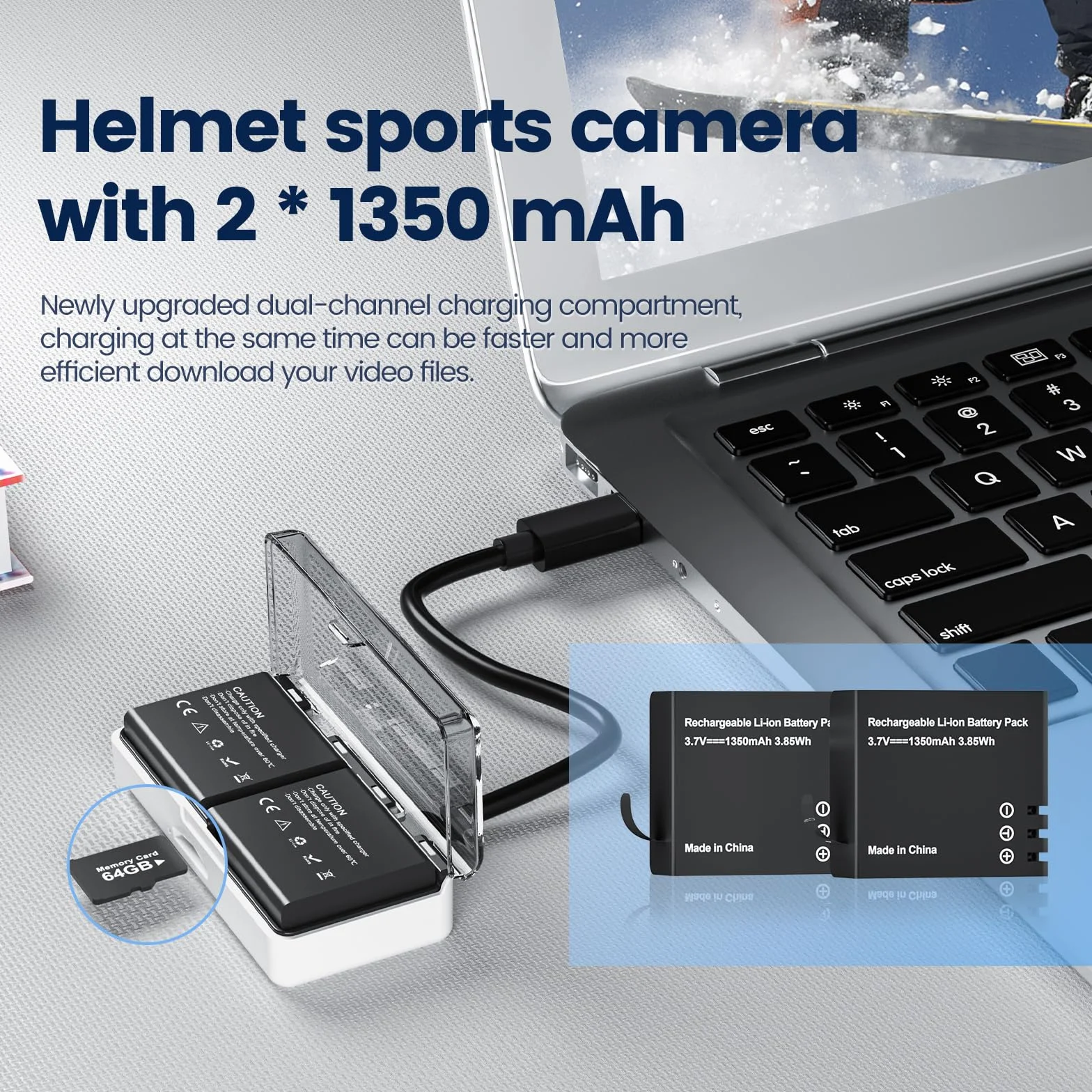 Cámara Deportiva 4K 60FPS WiFi EIS Antivibración 48MP Subacuática 40M 8X Zoom 64GB 2 Baterías 1350mAh