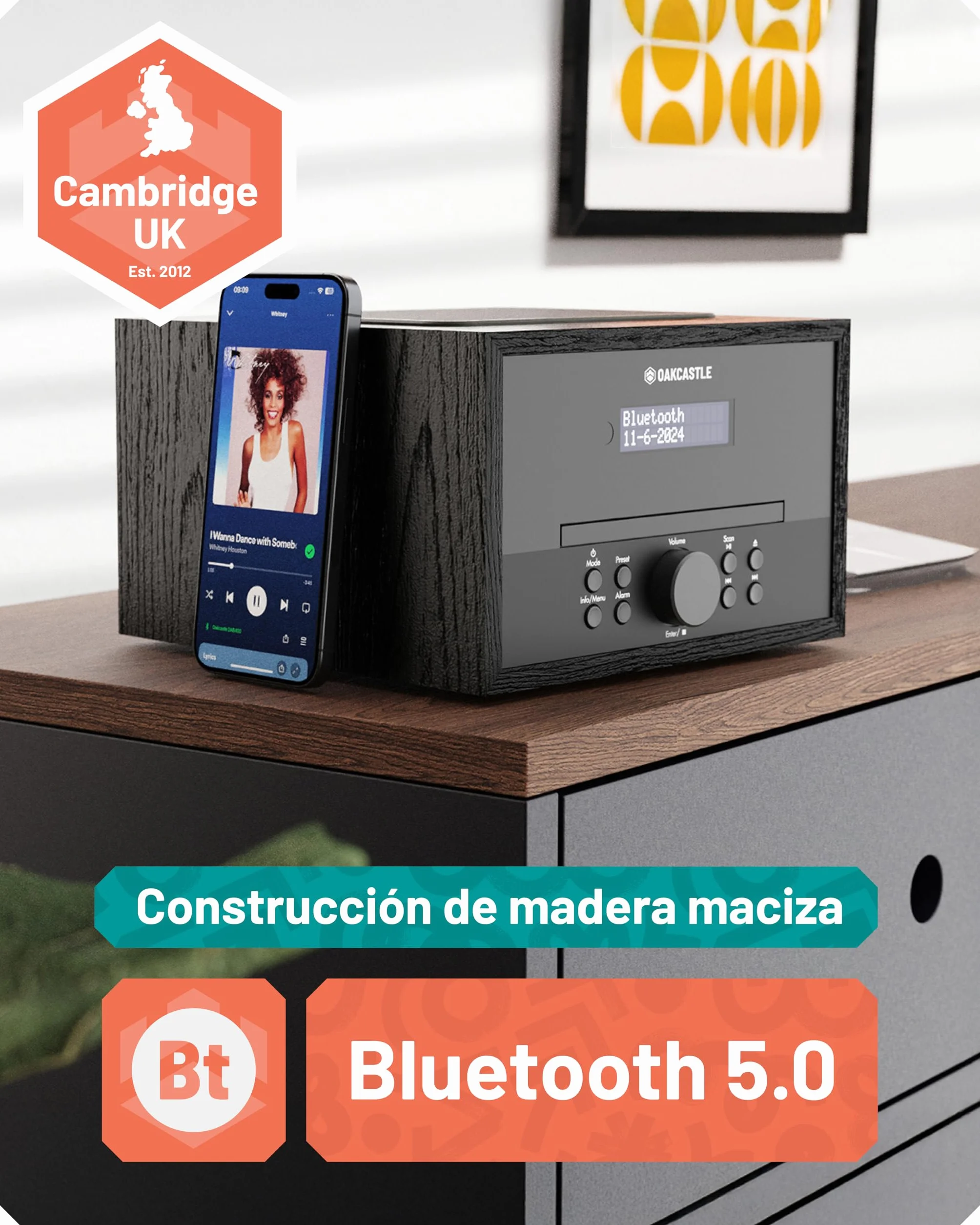 Reproductor de CD | Microcadena HiFi Bluetooth con Radio Dab+ y FM | Equipo de Música con Altavoces 40W y Doble Alarma | USB (Solo reproducción), AUX, Mando a Distancia | Oakcastle DAB400