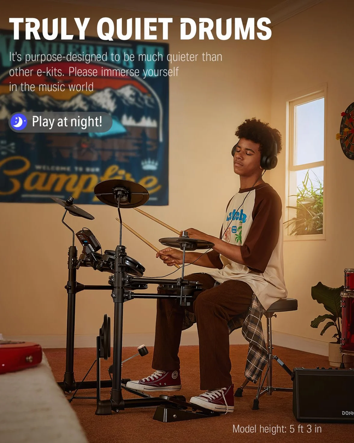 Donner DED-80 Batería Electrónica Musical de 7 Piezas con Parches de Malla,180 sonidos,Drum Throne, Headphone, Sticks,Kids Christmas Birthday Gift, 40 Melodics Lessons