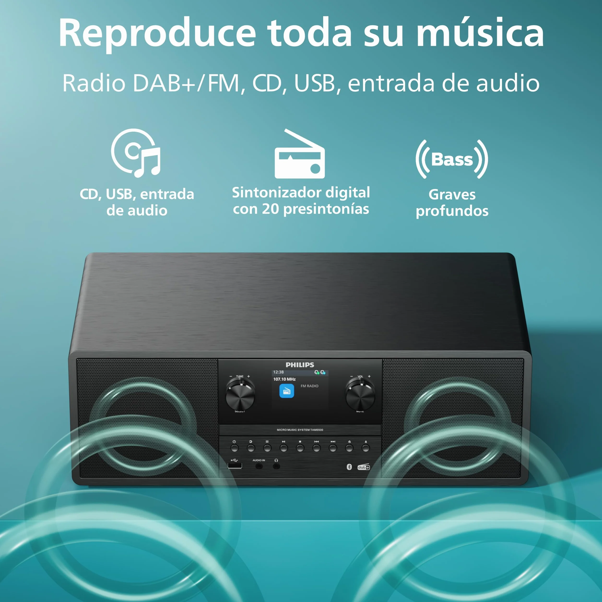 Philips TAM6500/10 Sistema de música Micro 100 vatios, Bluetooth 6.0, Auracast, Radio Dab+/FM, CD/USB/Entrada Audio, Altavoces Bass‑Reflex, Pantalla Color, Mando Distancia, Plástico Reciclado – Negro