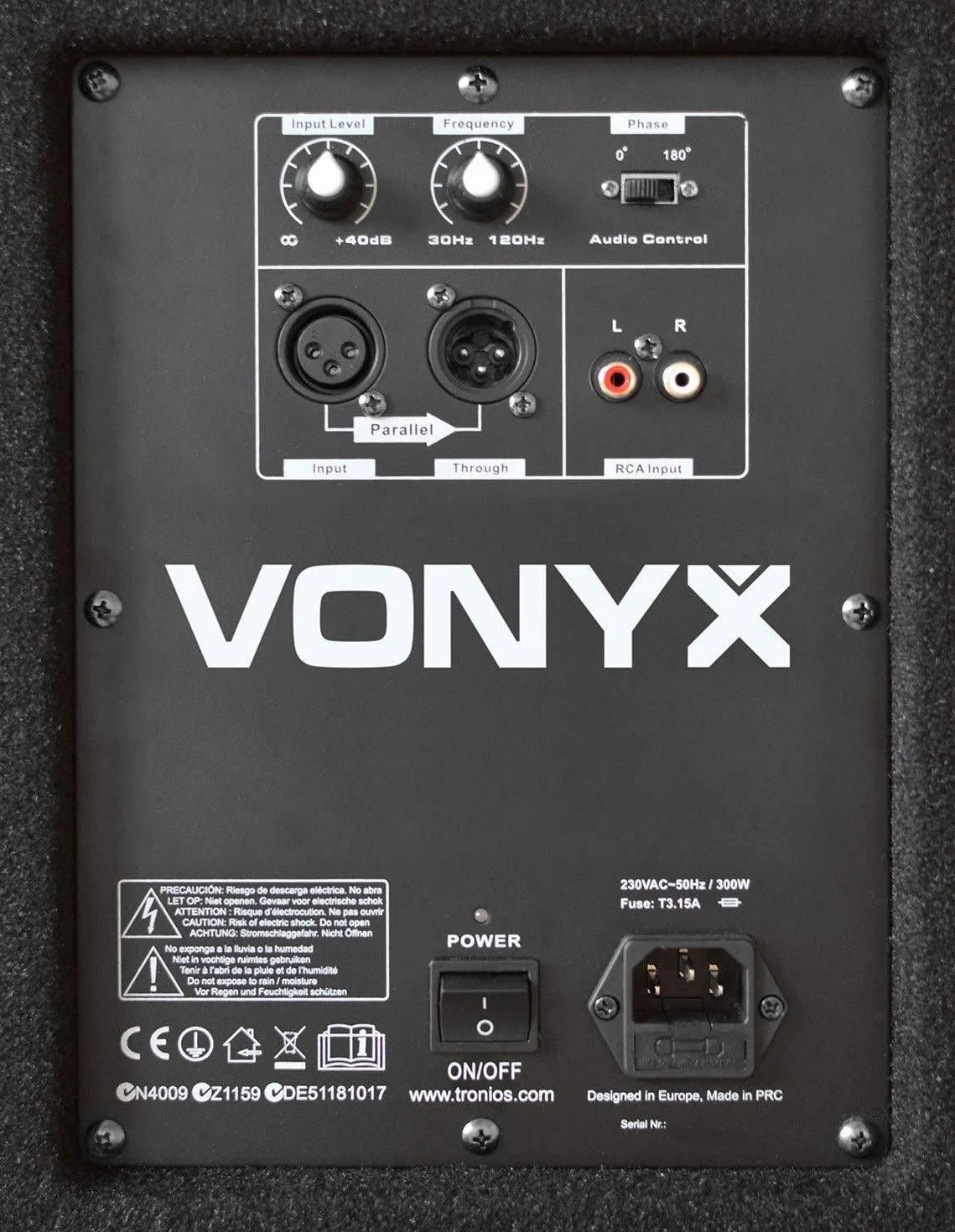 Vonyx SWA15 Subwoofer PA Activo (Altavoz Graves Profesional, 38cm (15") 300W Potencia máx, Ecualizador 2 Bandas, conexión XLR, RCA, Filtro de Paso bajo, Brida estandar, asa Transporte)