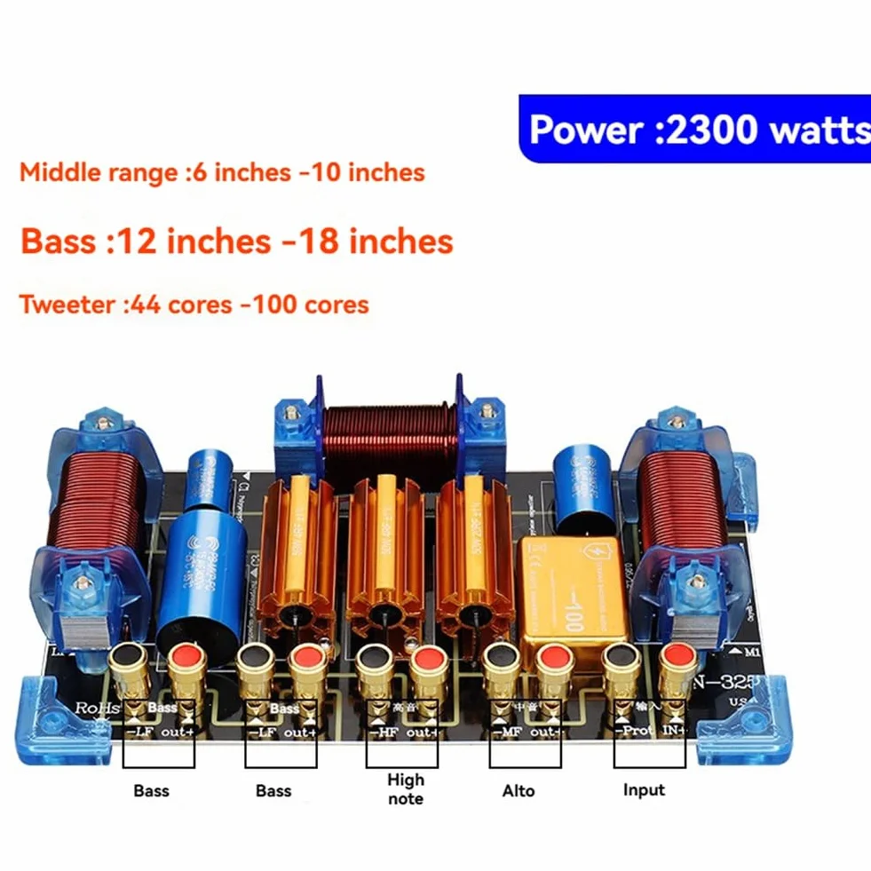 Divisor de Frecuencia de Alta Potencia (1, 1 Medio, 2 Graves), Crossover de 3 VíAs, 2300 W de Alta Potencia para Altavoces de 15 y 18 Pulgadas.