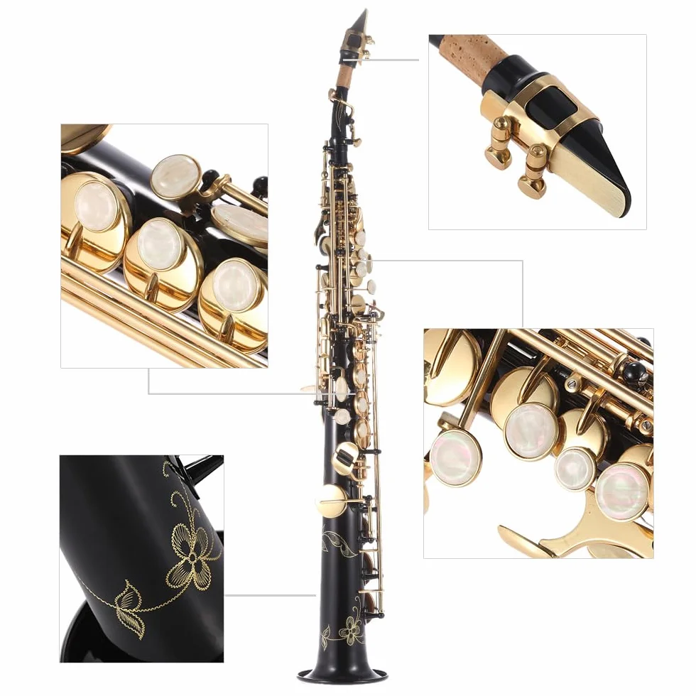 HUIOP Saxofón soprano recto de latón Saxofón Bb B Instrumento de viento de madera plano Patrón tallado de llave de concha natural con estuche de transporte Guantes Paño de limpieza Correas Varilla de