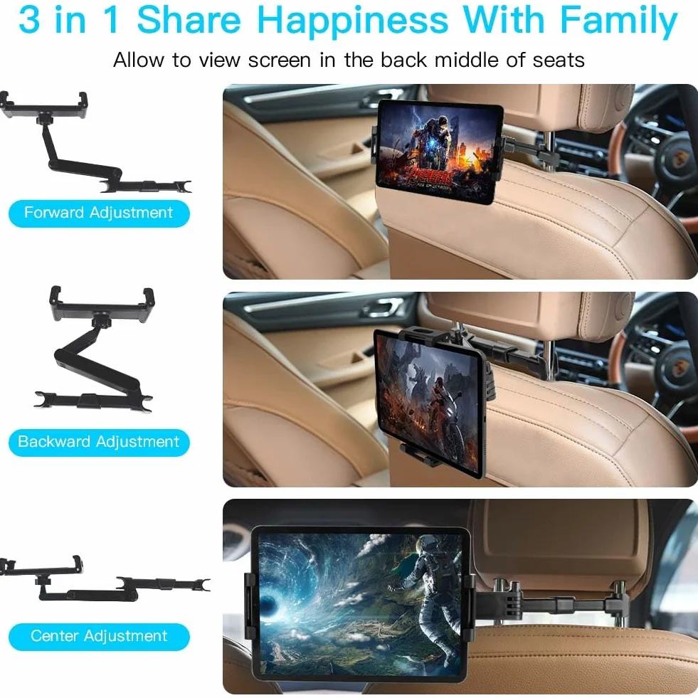 URAQT Soporte Tablet Coche, Tablet para Coche Reposacabezas con Apoyo 360 Rotación y Soporte Extensible, Soporte Compatible iPad Coche para Todos Los 4,7~11 Pulgadas del Teléfono,Tableta