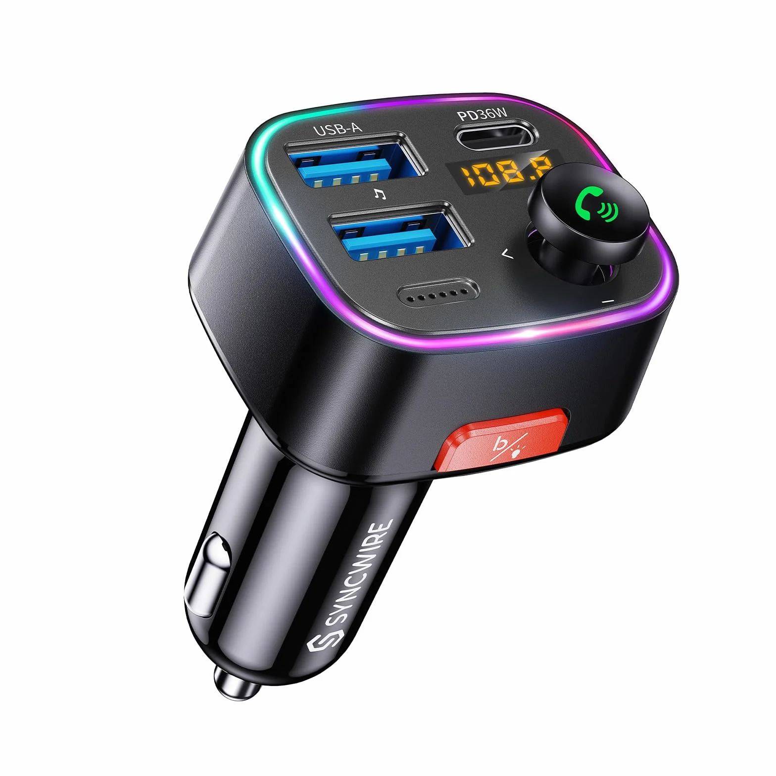 SYNCWIRE Transmisor FM Bluetooth 5.4 para Coche,48W(PD 36W & 12W) Doble USB Cargador Adaptador Receptor de Radio Inalámbrico,Pantalla LED,Llamadas Manos Libres,Soporte Unidad USB de 64GB,Negro