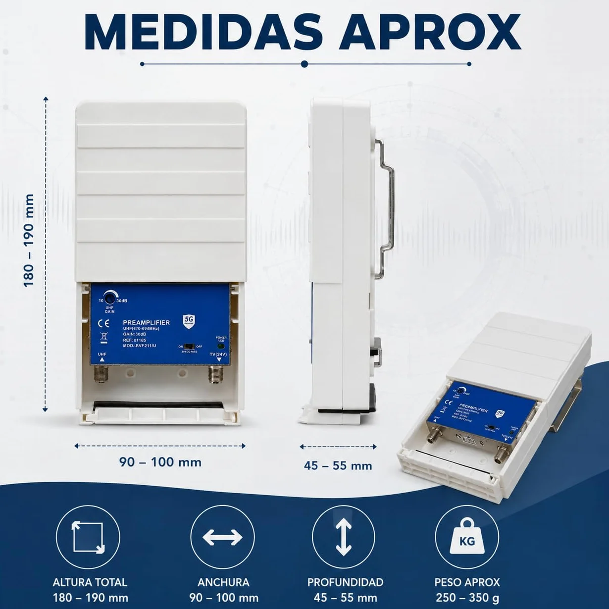 CABLEPELADO Amplificador mastil, ganancia de 30dB regulable manualmente y filtro LTE 5G integrado, adaptado al 2º Dividendo Digital, IP23, Consumo 48 mA, Alimentacion 24 VDC, 1 entrada 1 salida