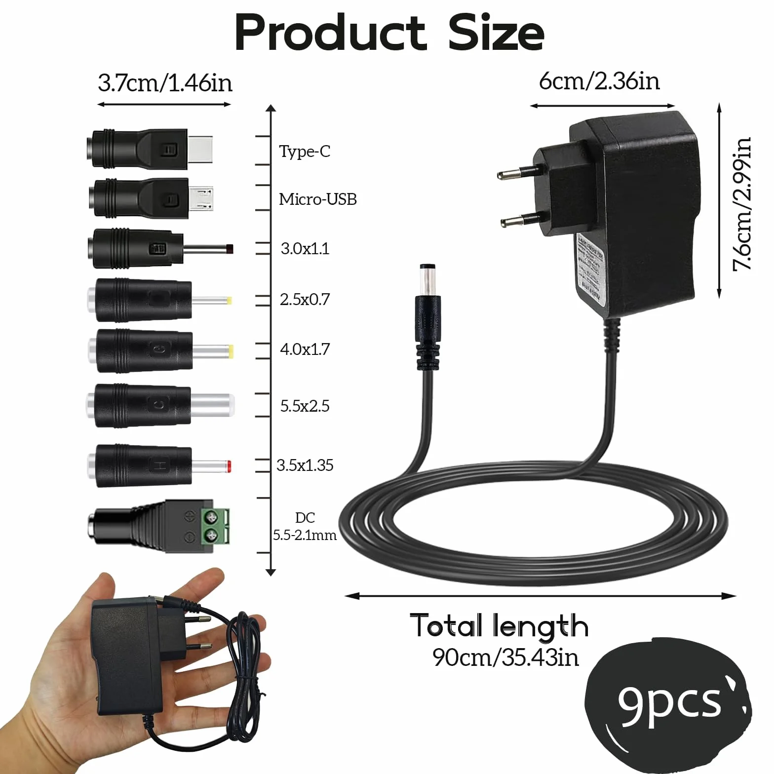 Adaptador Convertidor AC 100-240V a 7,5V 1A 1000mA Cargador EU 5,5 x 2,5mm, Fuente de Alimentación Universal para Dispositivos 7,5V como Cámaras CCTV, Hubs USB, Luces LED, Tablets y más