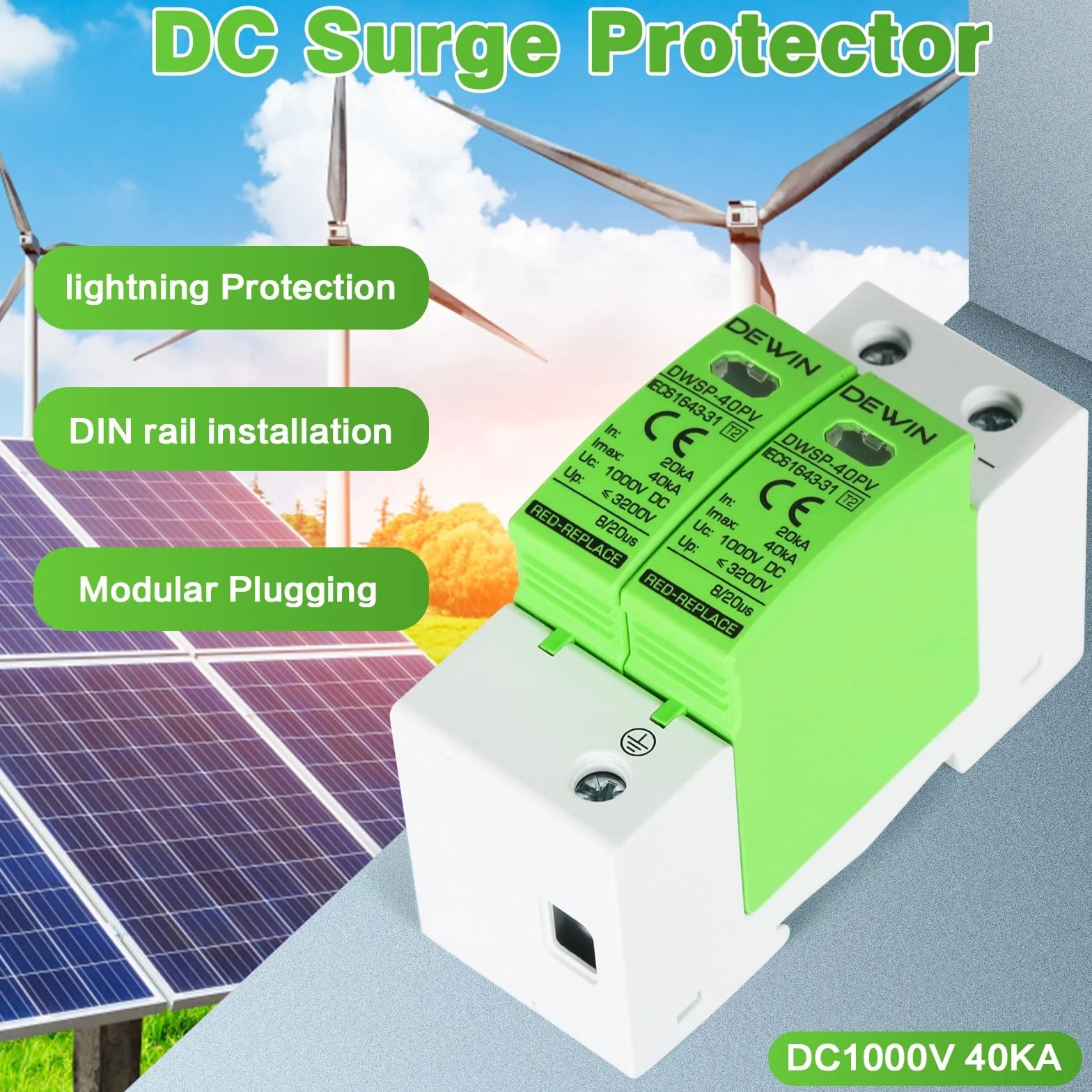 DEWIN Dispositivo de protección contra sobretensiones, 2P 40KA Dispositivo de pararrayos fotovoltaico DC 1000V Protector contra sobretensiones Dispositivo de protección contra rayos Carril DIN de 35mm