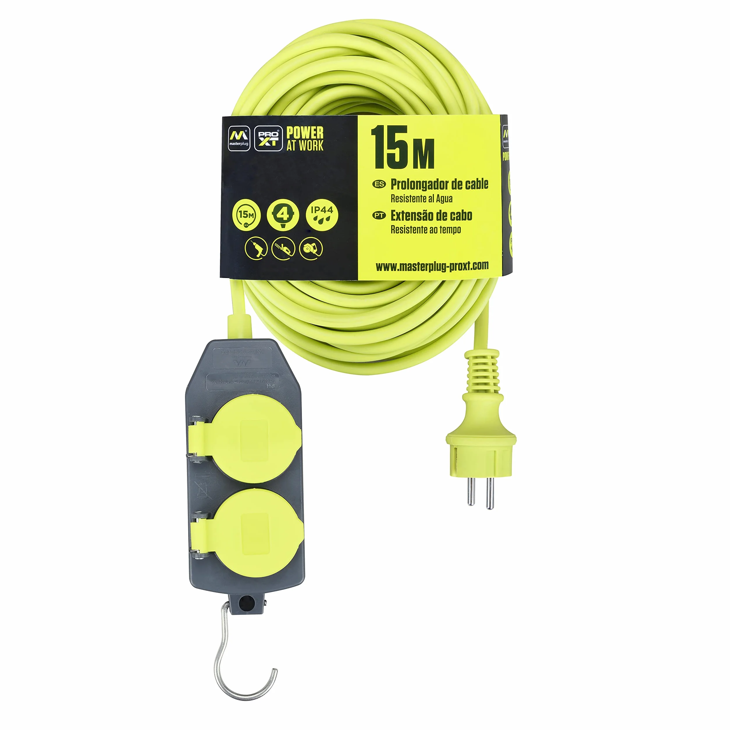 Masterplug Przedłużacz Schuko 15m IP44 2 gniazda zewnętrzny zielony