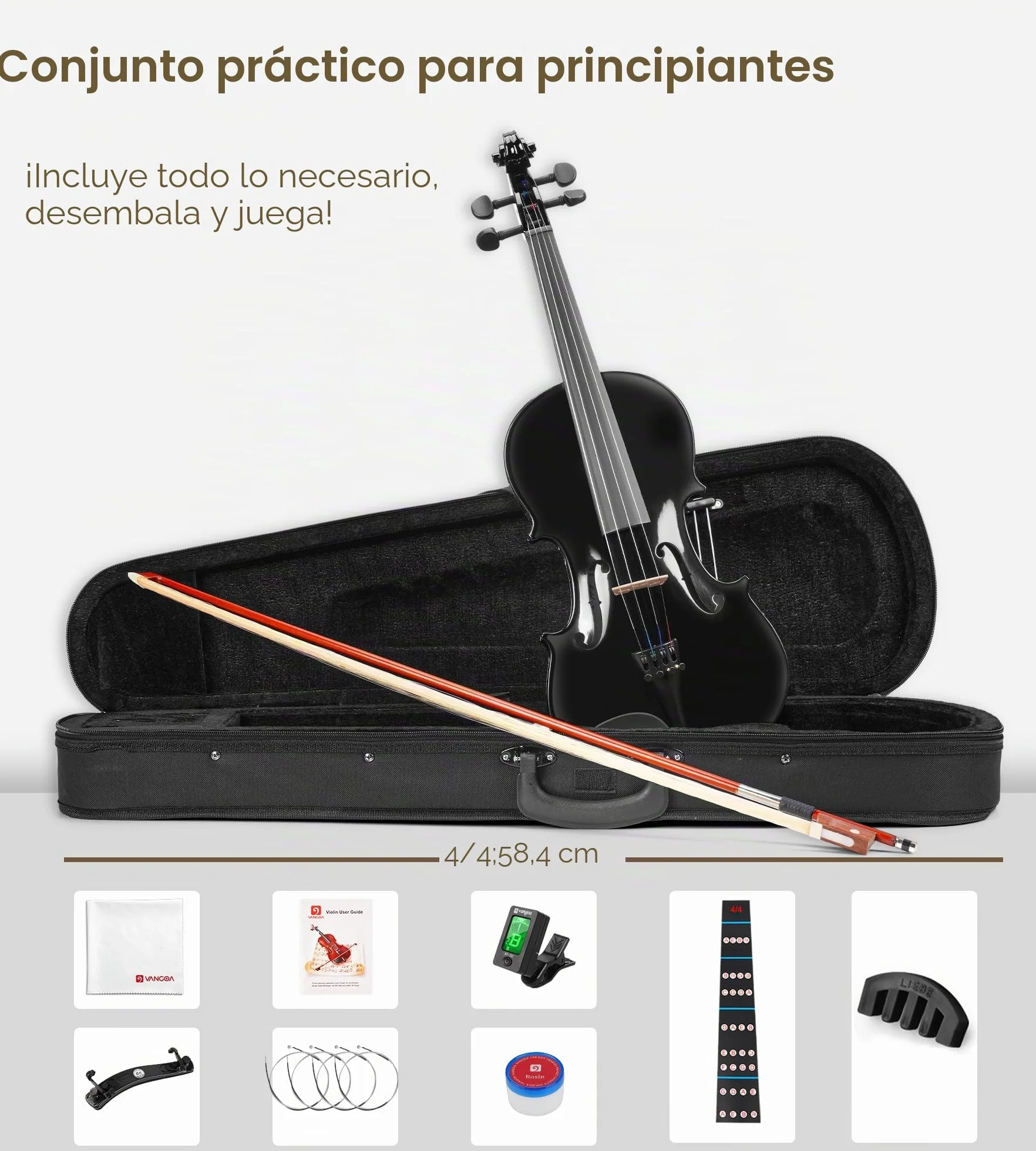 Vangoa 4/4 Violín Acústico Tamaño completo para Adultos Estudiantes Principiantes Violín de Concierto con Estuche Colofonia Afinador Cuerdas Arco, Negro