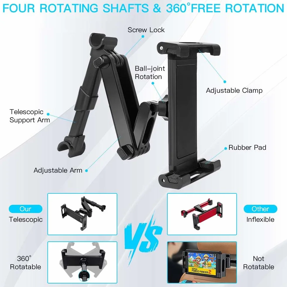 URAQT Soporte Tablet Coche, Tablet para Coche Reposacabezas con Apoyo 360 Rotación y Soporte Extensible, Soporte Compatible iPad Coche para Todos Los 4,7~11 Pulgadas del Teléfono,Tableta