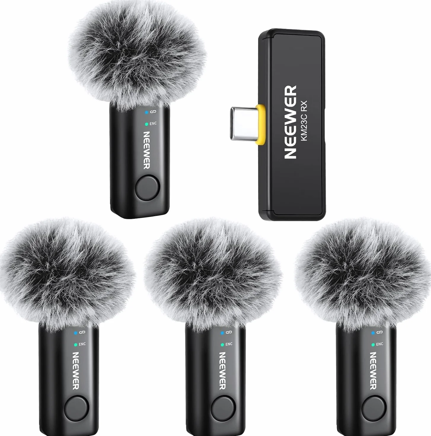 NEEWER KM23C Micrófono Solapa Inalámbrico Compatible con iPhone Android Tablet PC Laptop, Omnidireccional 48K/24Bit 20-20KHZ AI Cancelación Ruido Silenciador 70m Alcance 32h Batería (1x RX + 4X TX)