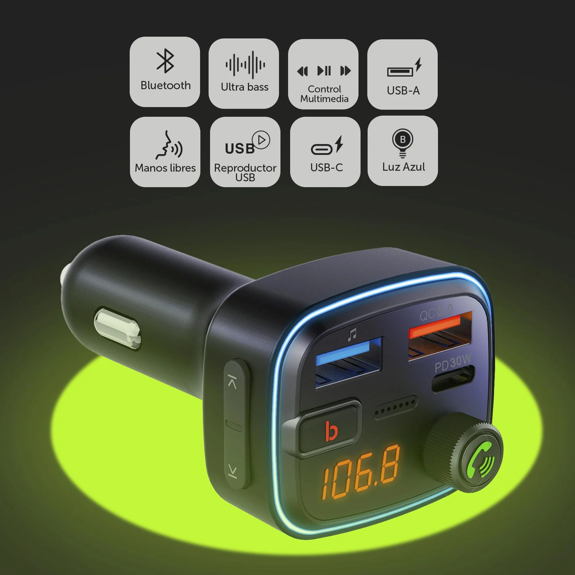 Vieta Pro Transmisor FM Bluetooth Coche 5.3 Manos Libres Cargador Coche QC3.0 USB-C Reproductor MP3
