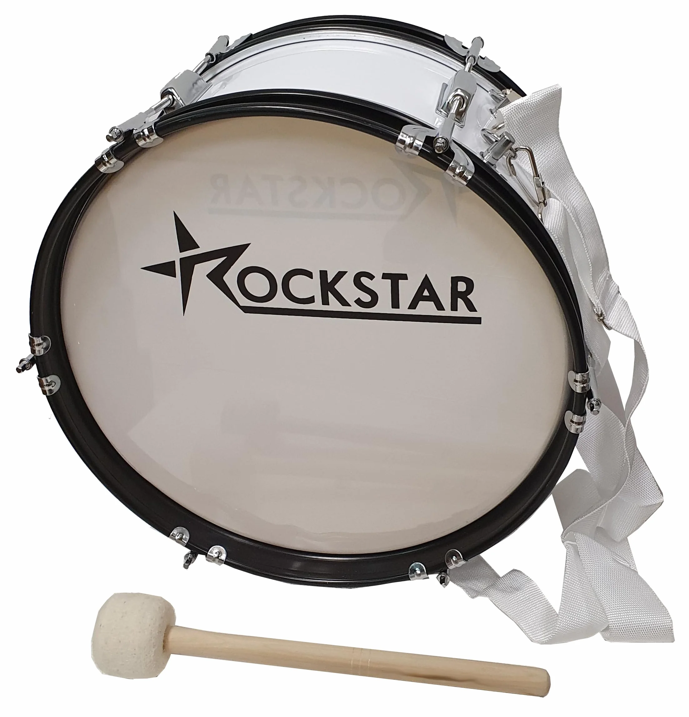 Bombo charanga | 42x24 cm, blanco, madera, aros metálicos negros | Muy ligero, incluye maza y correa cruzada, 4 arandelas transporte | Sonido potente y fácil de transportar