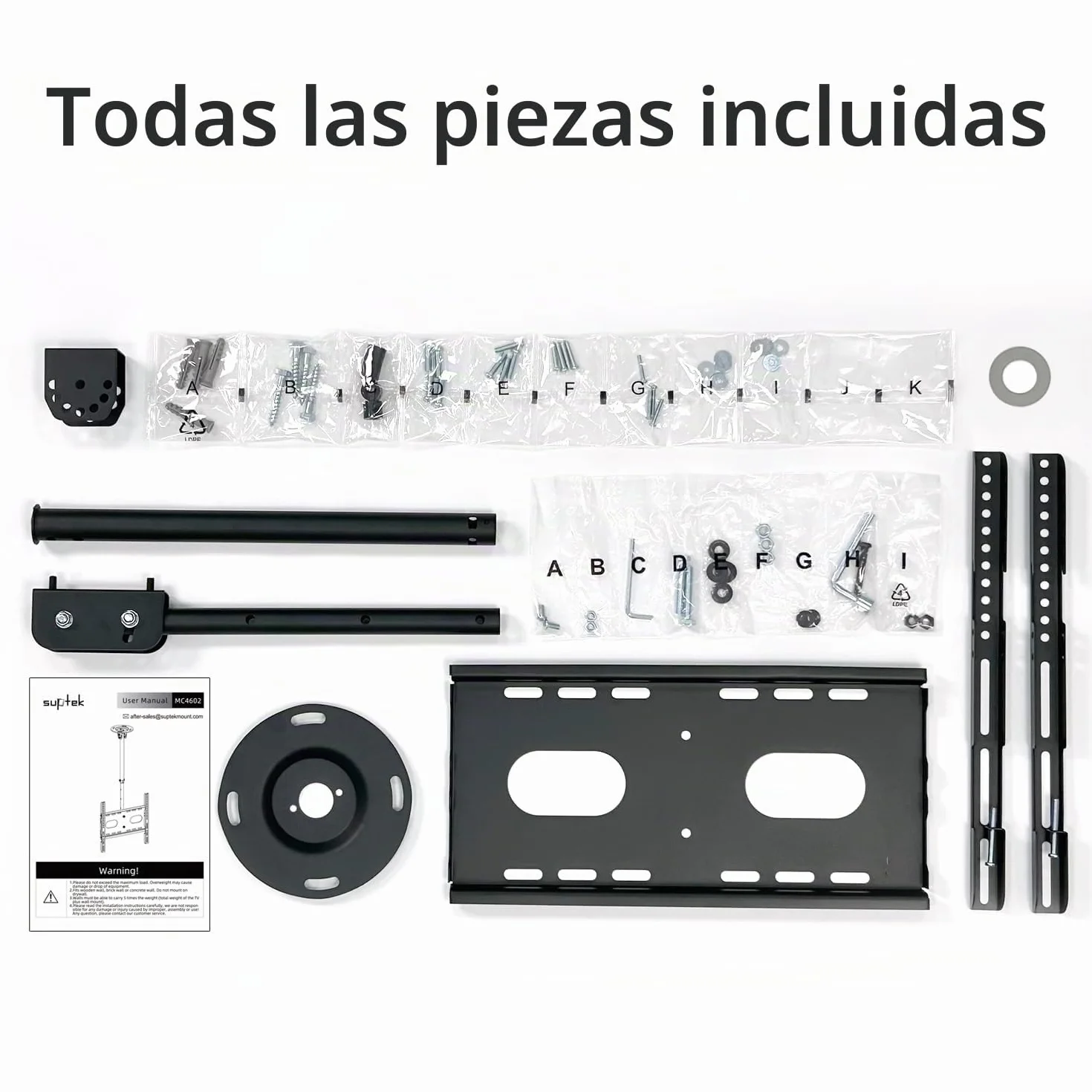 Suptek Soporte TV Techo 26-65 Pulgadas Altura Ajustable 43-70cm 45kg VESA 200x200 Inclinación 15° Giro 90° Rotación 360°
