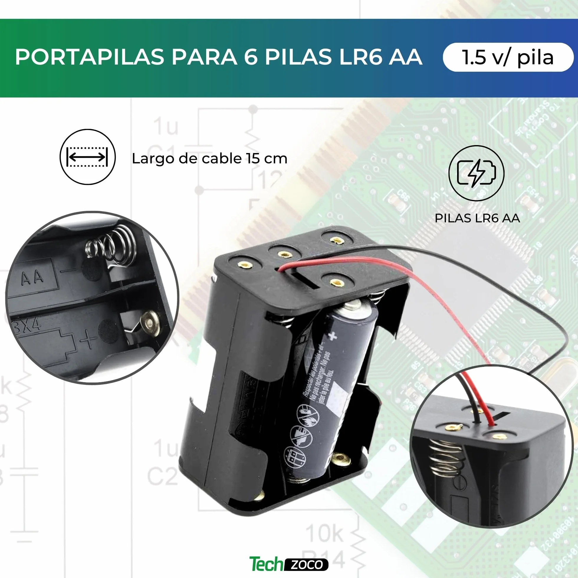 TECHZOCO Portapila Plano AA, Soporte de Batería LR6, Caja para Pila AA LR6, Incluye Cable de 200mm, Voltaje Total: 9V (1.5V por Pila), Apto para 6 Pilas Lr6 (FR6, HR6, LR6)