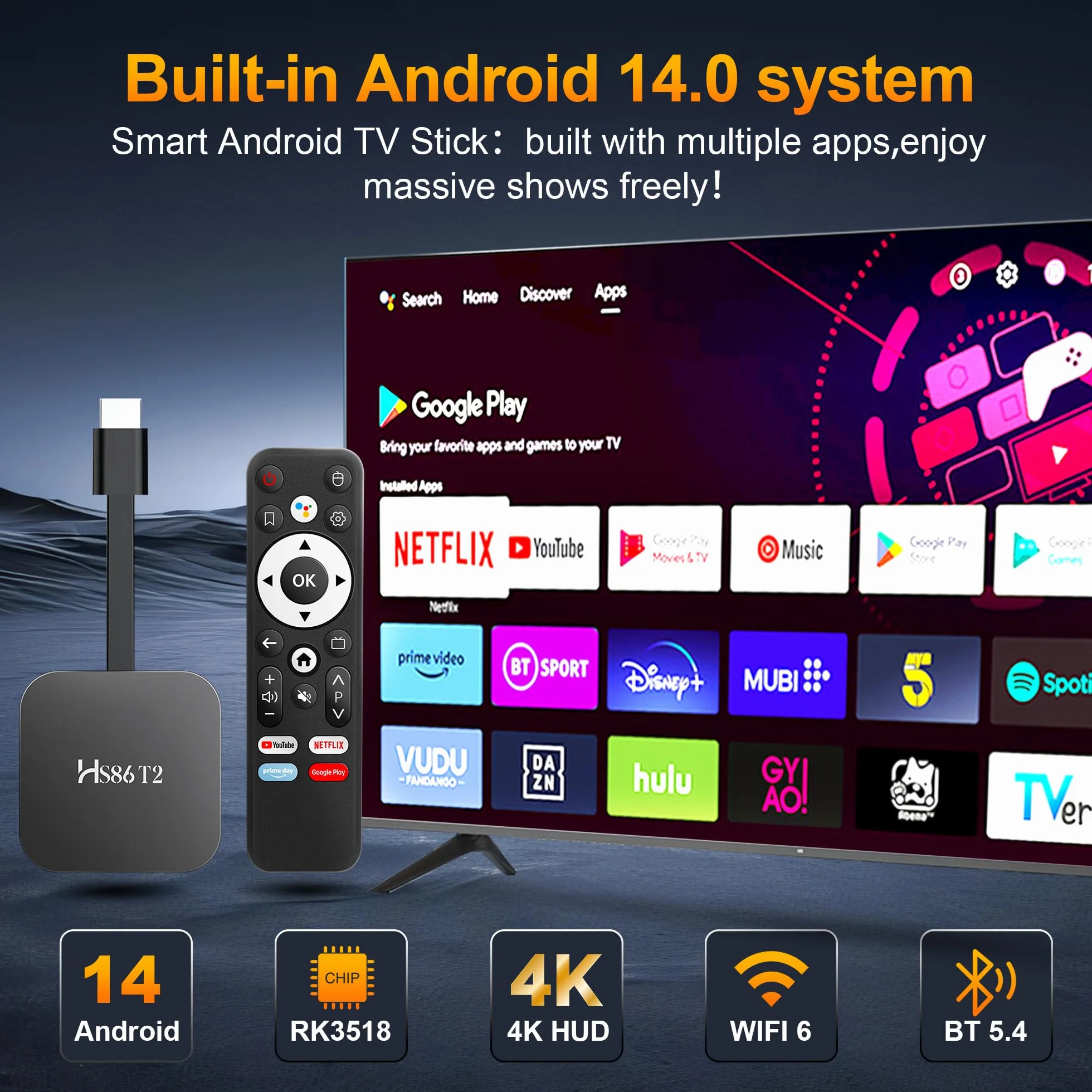 Barra de transmisión Android TV 14.0, barra de transmisión Smart TV 2 GB RAM 16 GB ROM, chip RK3518, WiFi dual 2,4 G/5,8 G, BT5.0, HDMI 2.0 y HD 4K, control remoto por voz compatible con video y audio