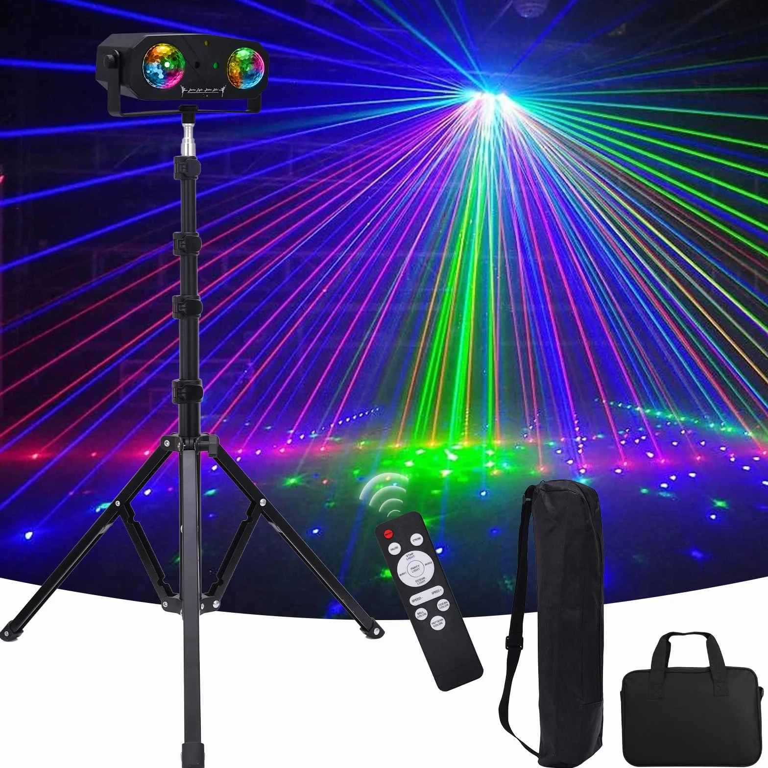 Luces Discoteca 5 en 1 con Trípode, Bola de Caleidoscopio, Luz de Estrella, Activada por Sonido, Efecto Estroboscópico, Luz de Bola de Discoteca Portátil para DJ, Fiestas, Discotecas y Cumpleaños