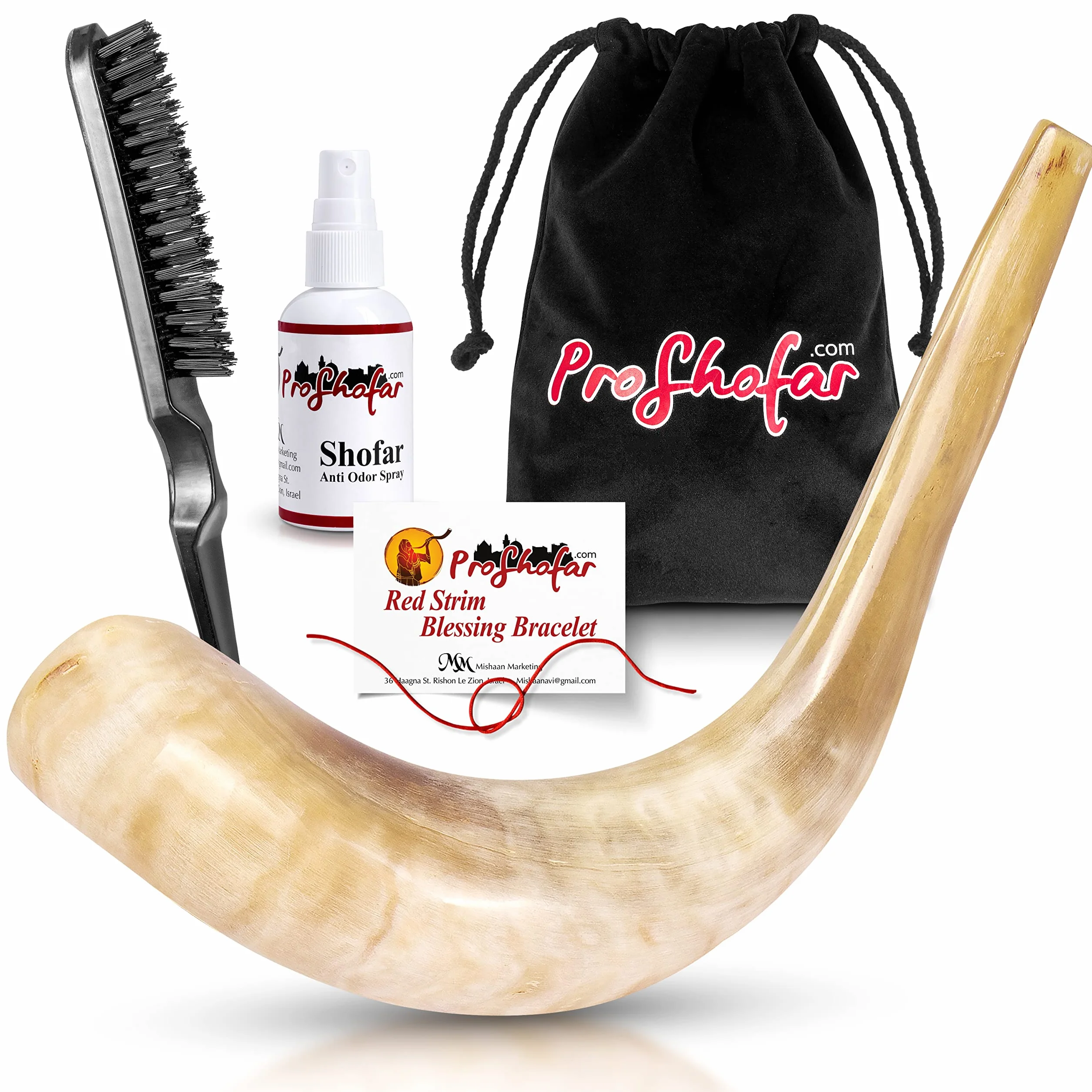 Shofar Set (bolsa de transporte de terciopelo, spray neutralizador de olores, cepillo de limpieza, guía y pulsera roja de Tierra Santa) Ram Shofar pulido, Kosher fabricado en Israel