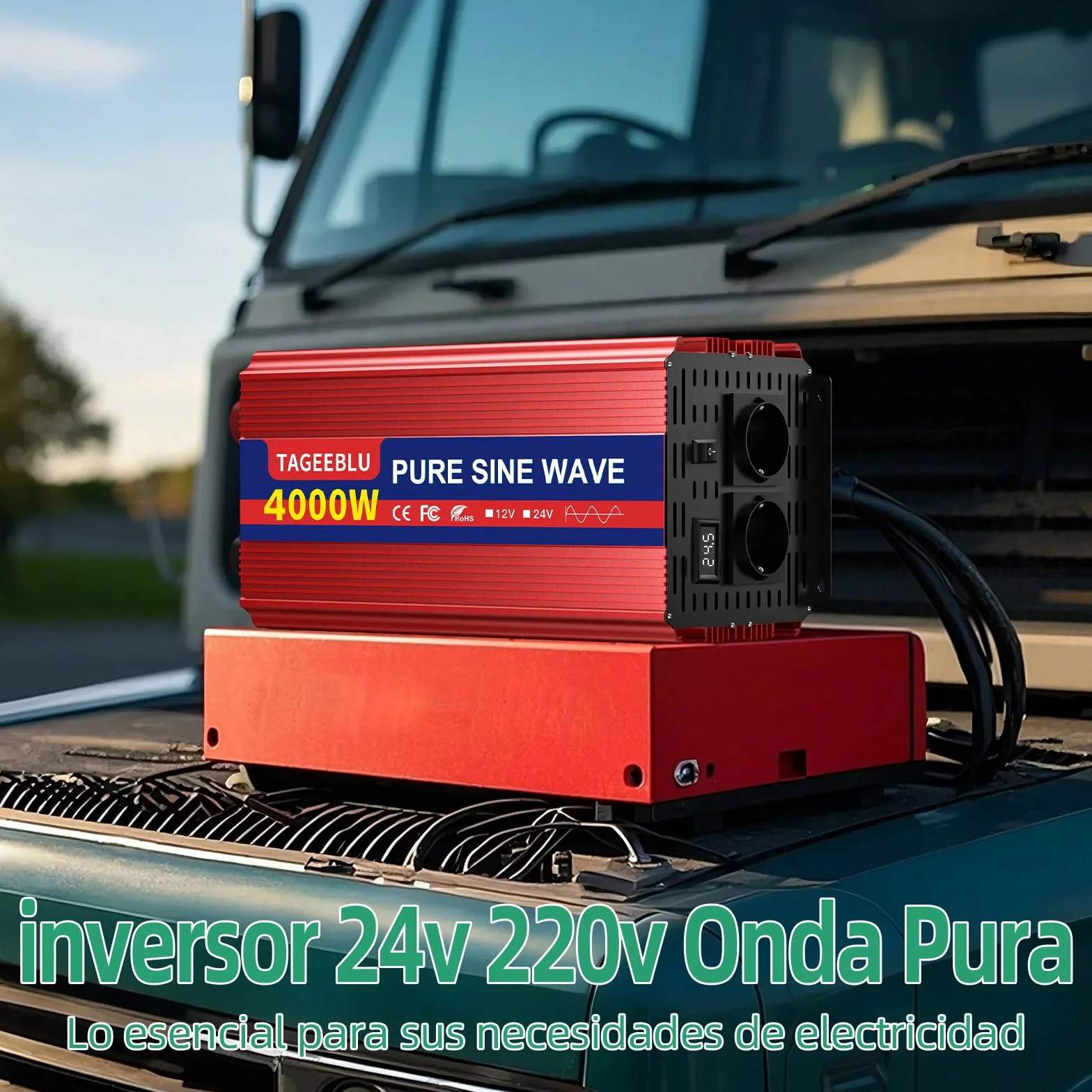4000W Inversor 24v 220v Onda Pura, Transformador 24v a 220v camion con 2 AC Tomas, Pantalla LCD