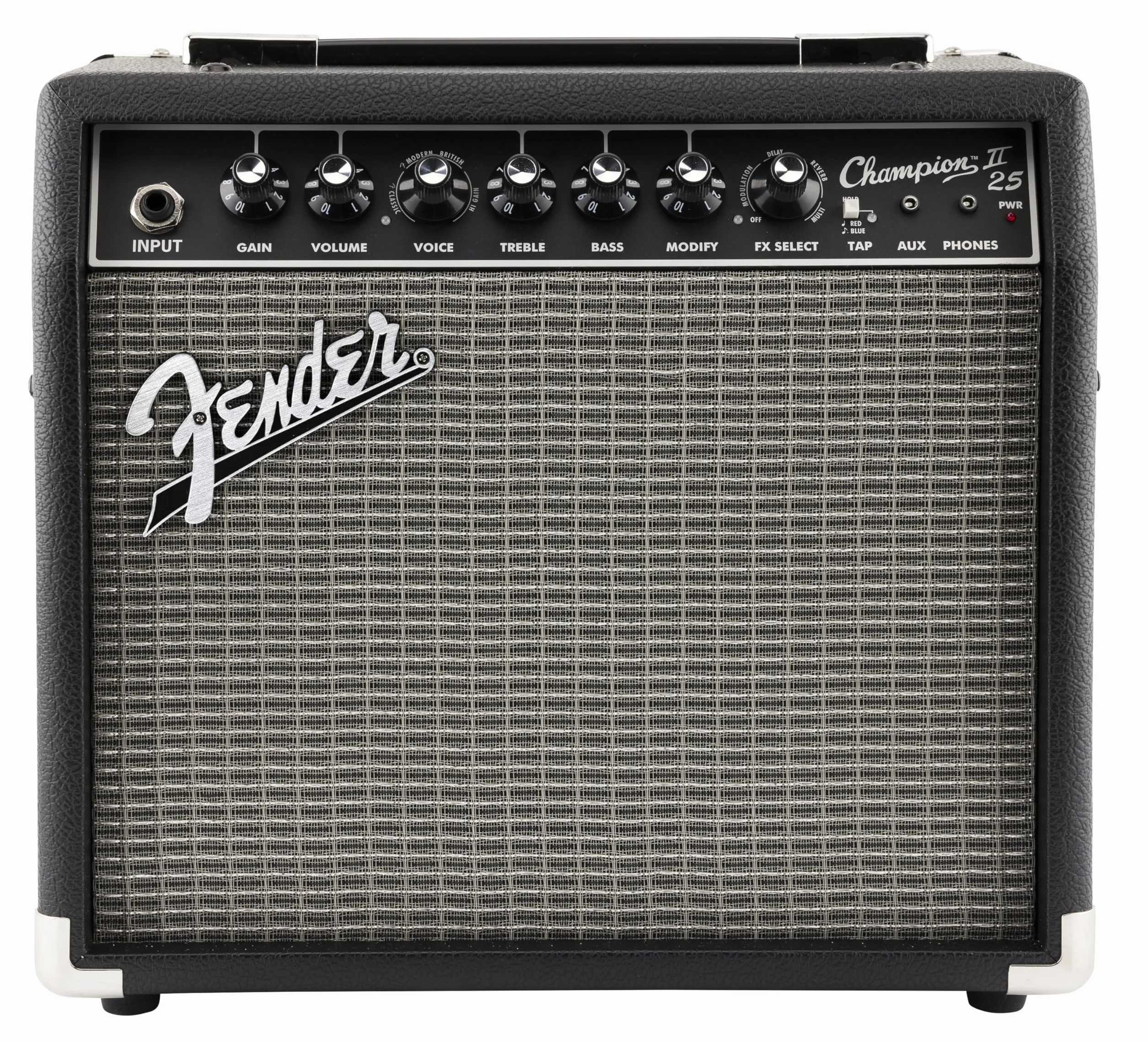 Fender Champion II 25, Amplificador Combo para Guitarra, 25W, Adaptado para Guitarra Eléctrica, Más Potencia, Efectos y Modelos de Amplificador Mejorados, Negro/Plata