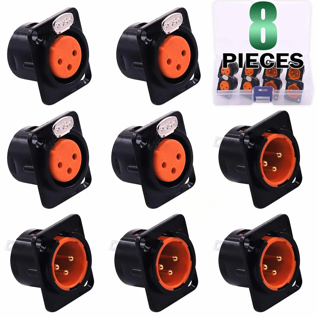 Juego de 8 conectores XLR macho y hembra 3 pines montaje en panel serie D carcasa metal negro estudio audio