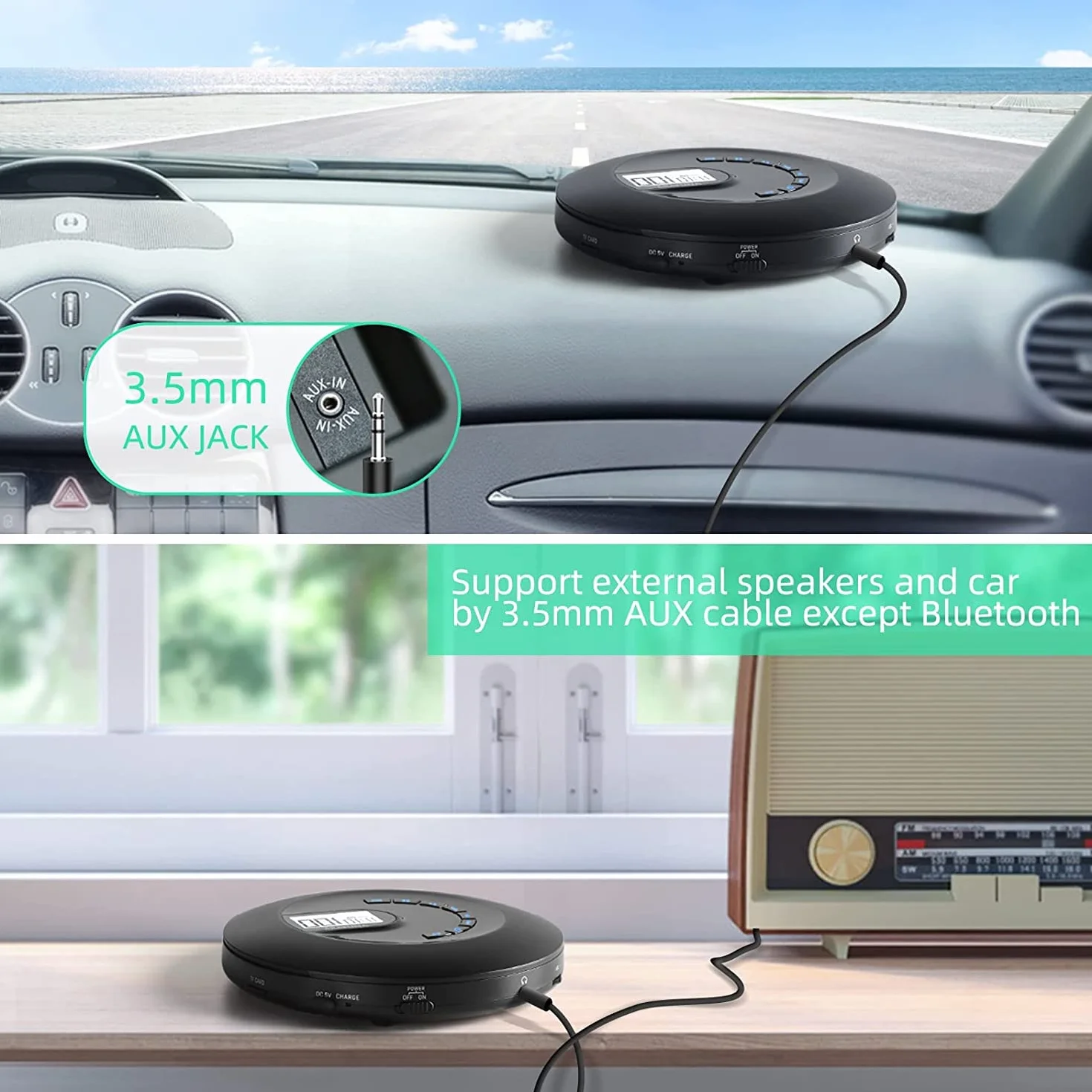 Reproductor de CD Portátil Recargable con Auriculares Antisaltos para Coche Viajes