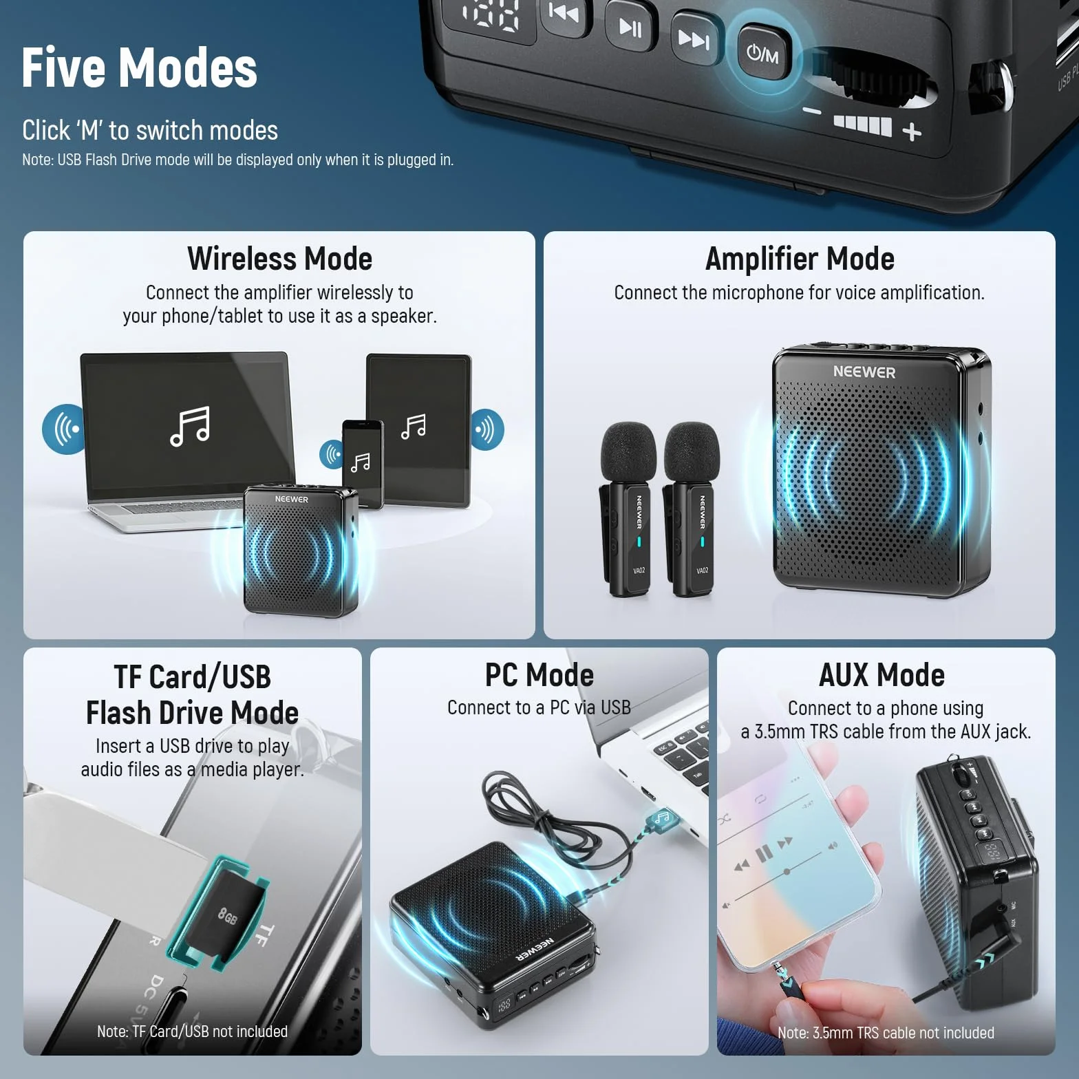 NEEWER VA02 Amplificador Voz con Micrófono Inalámbrico, Mini Altavoz Portátil Recargable USB C Cancelar Ruido Megáfono & Mic Set, 10 Hrs Duración, Alcance15m para Profesores Formadores Tour Guides