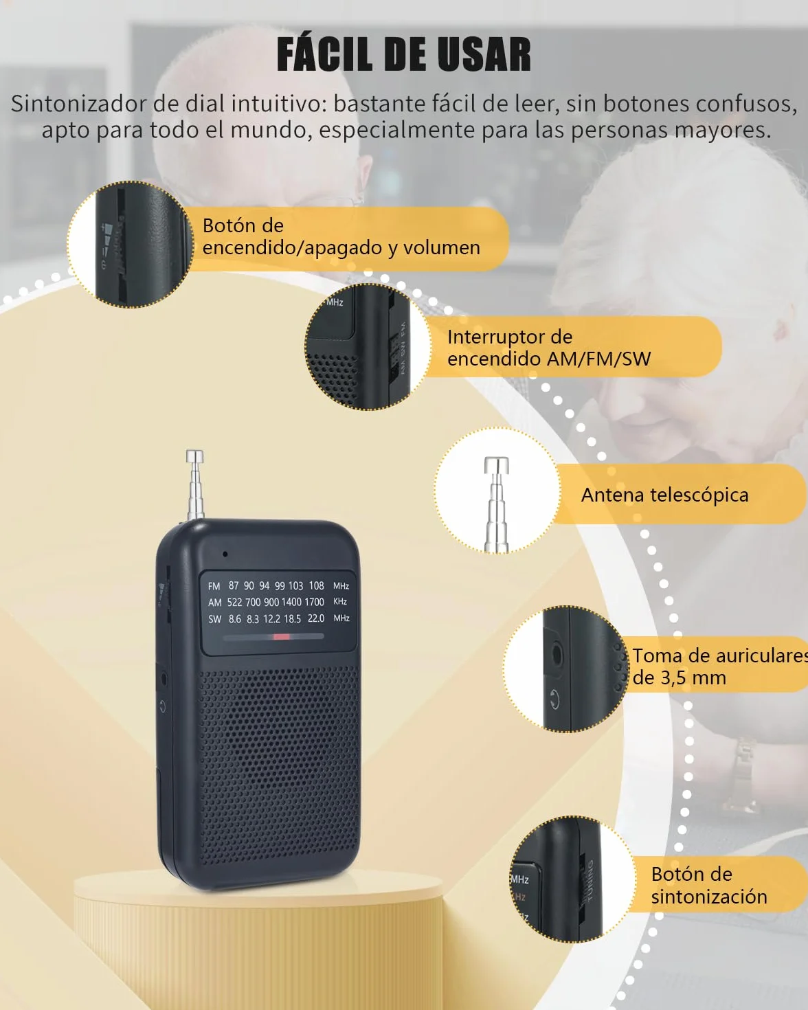 Radio portátil pequeña AM/FM/SW a pilas, mini radio de bolsillo con toma de auriculares