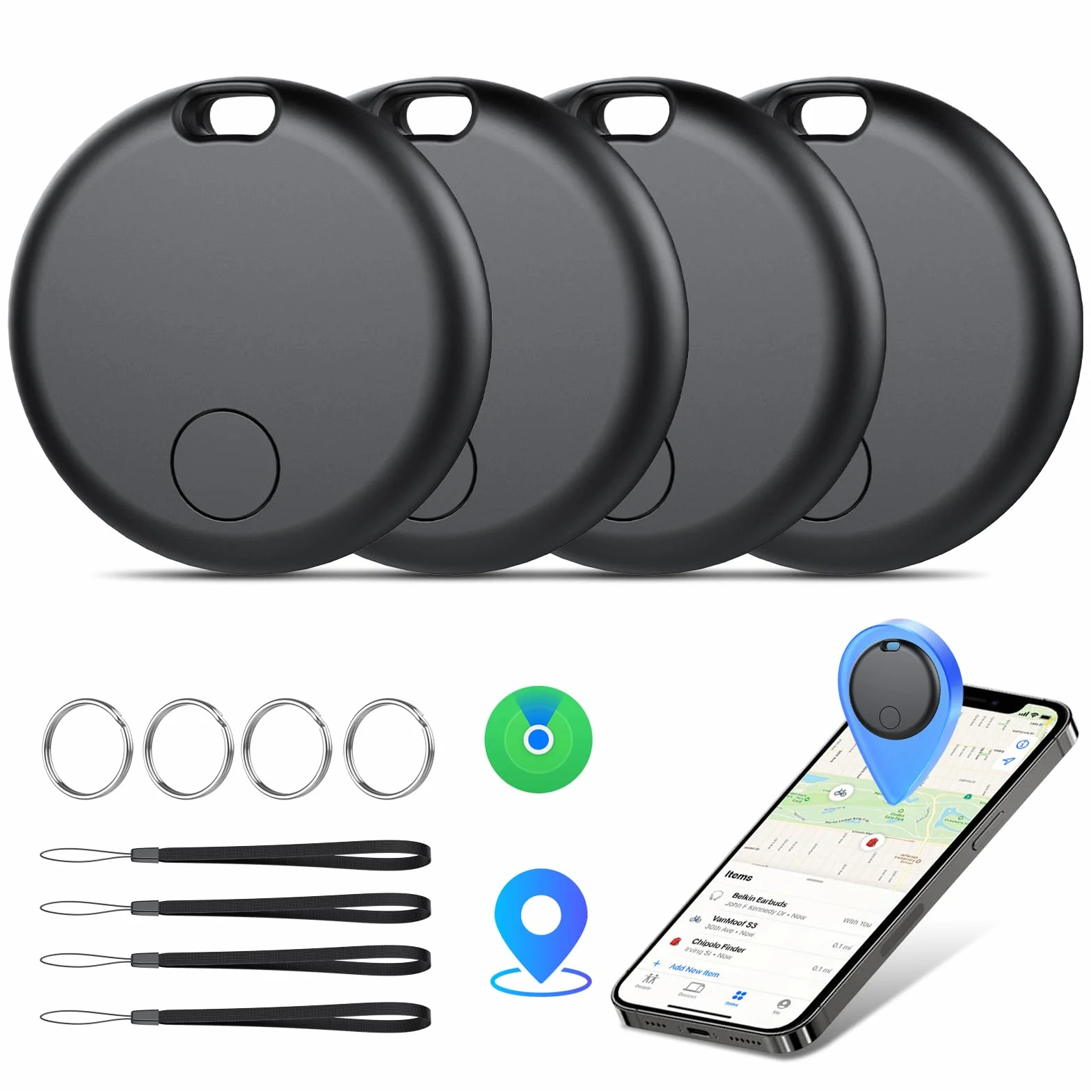 Smart Tracker Tags 4 Pack, Localizador de Objetos Bluetooth Finder, Compatible con Buscar Apple (sólo iOS), 365 días de Uso, Baterías Reemplazo, Buscador para Llaves/Carteras/Equipajes