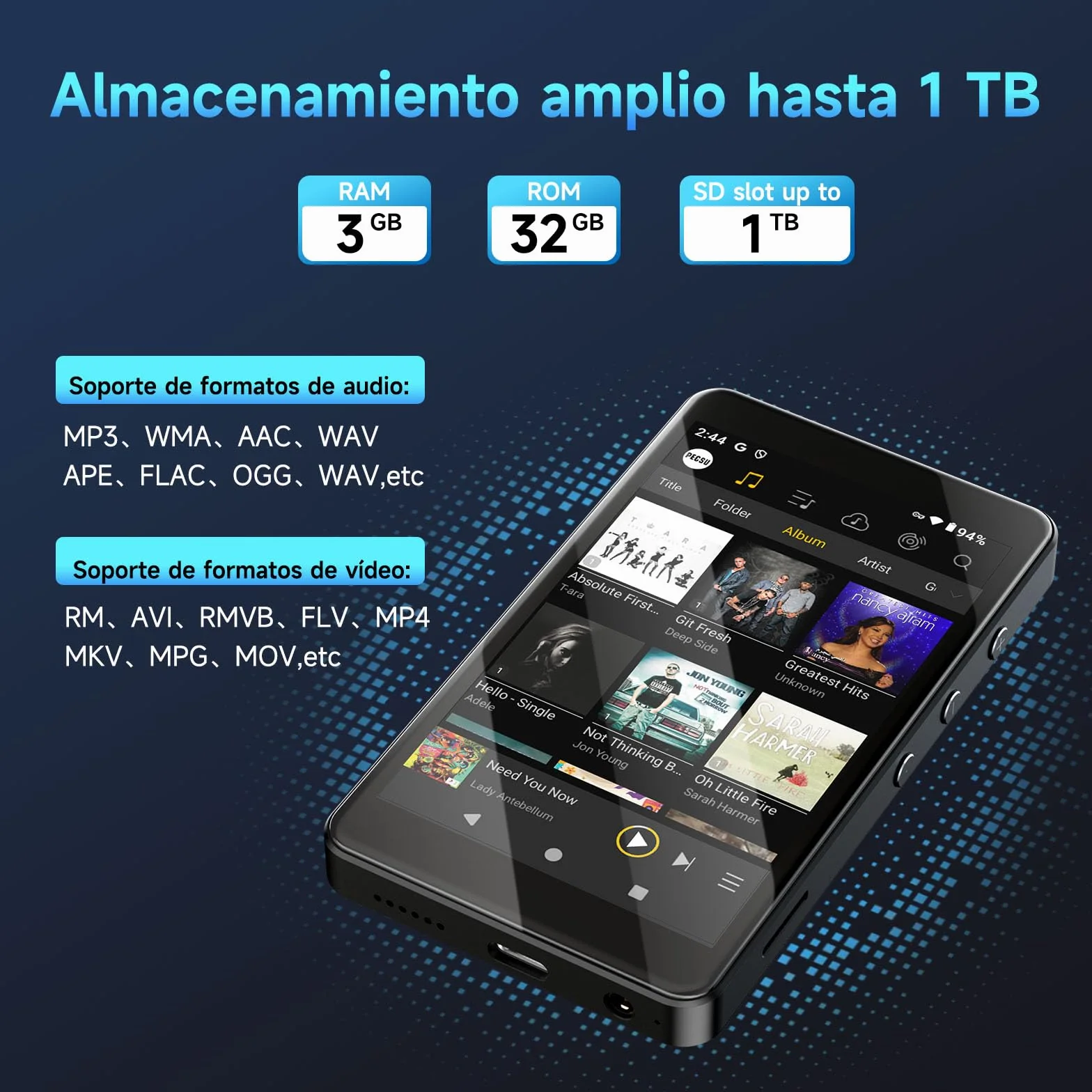 Reproductor MP3 Android 14 con Spotify, Play Store, Amazon Music, Audible, Libby, Reproductor de música MP4 con Pantalla táctil de 4" para niños con Control Parental, Modo Eye-Care (Negro Brillante)