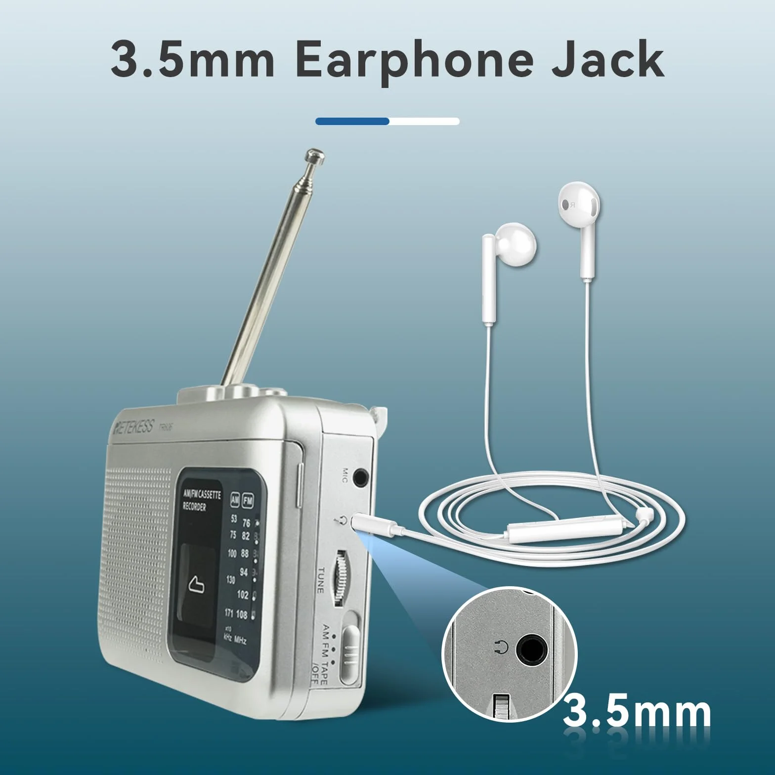 Retekess TR606 Reproductor de Casetes Portátil con Radio FM AM, Jack 3,5 mm, Grabación a Casete y PC, Plata