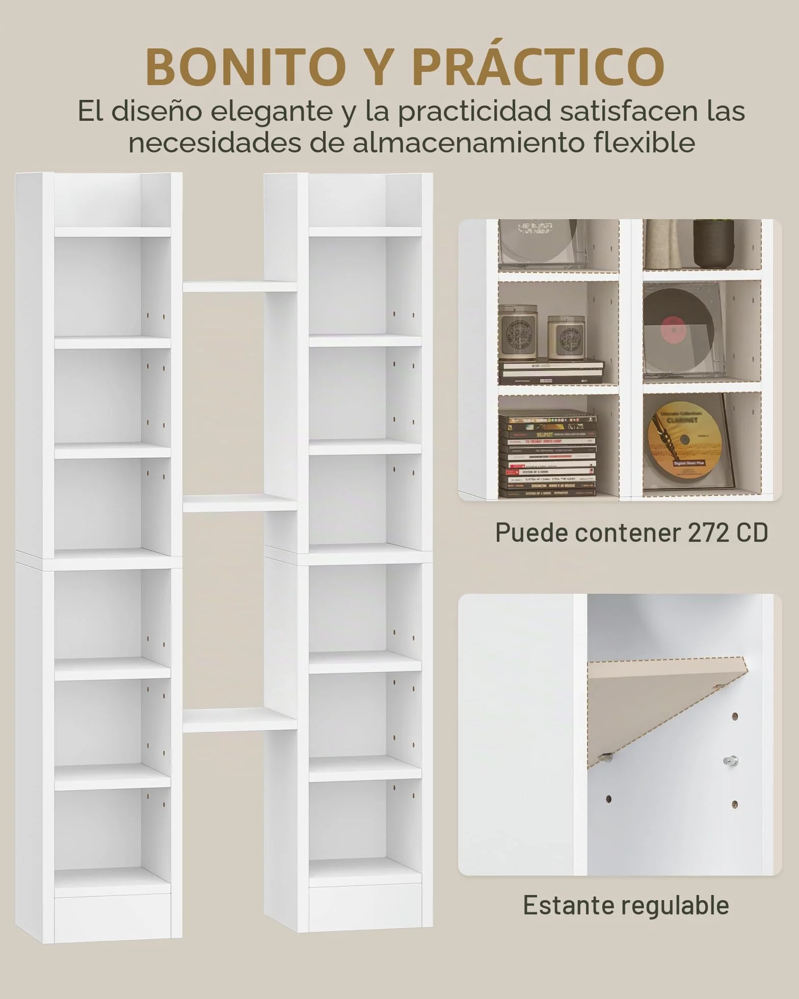 Hzuaneri Estanterías para CD o DVD Soportes, 14 Compartimientos, para 272 CDs, Estante Ajustable para Salón, Oficina, 17 x 20 x 213 cm, Blanco CR21403XV1