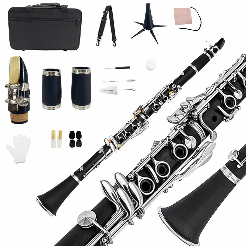 Yinfente Clarinete para clarinete para estudiantes principiantes, clarinete con estuche para clarinete, kit de limpieza de clarinete, boca de clarinete, grasa de corcho para clarinete, clarinete de