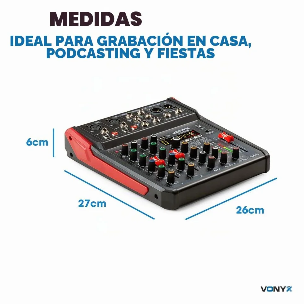 Vonyx VM-KG06 Mezclador analógico de audio de 6 canales con Bluetooth para grupos de música, 2 entradas XLR de micrófono con +48v, 2 entradas de linea con jack, Procesados de efectos DSP, USB/MP3