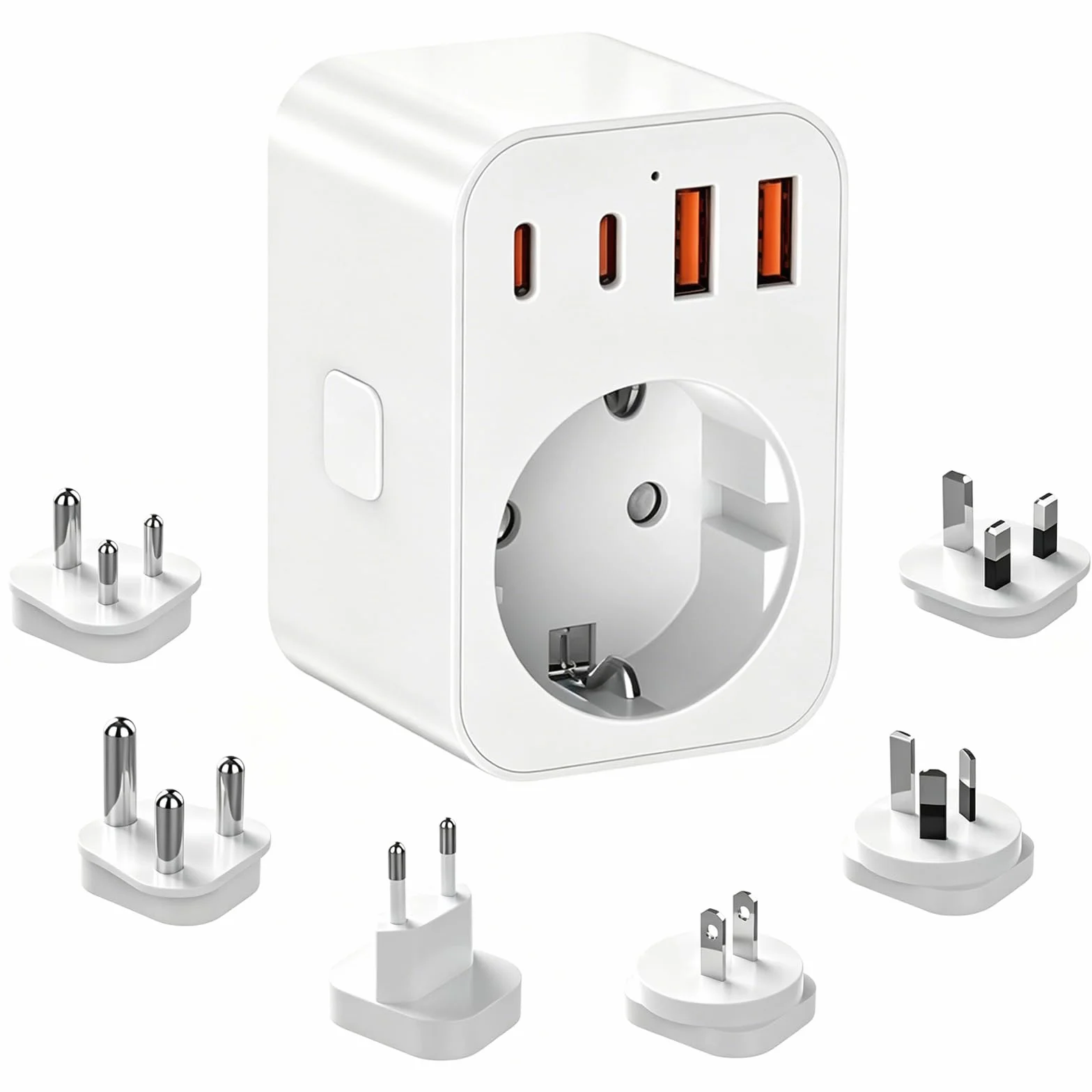 Adaptador de Viaje Universal, 2500W 4 USB (2 USB-C+2 USB-A) con 6 Enchufes Intercambiables A/C/G/I/D/M, para USA, Japón, Reino Unido,Europa,Australia,China,Japón,Sudáfrica