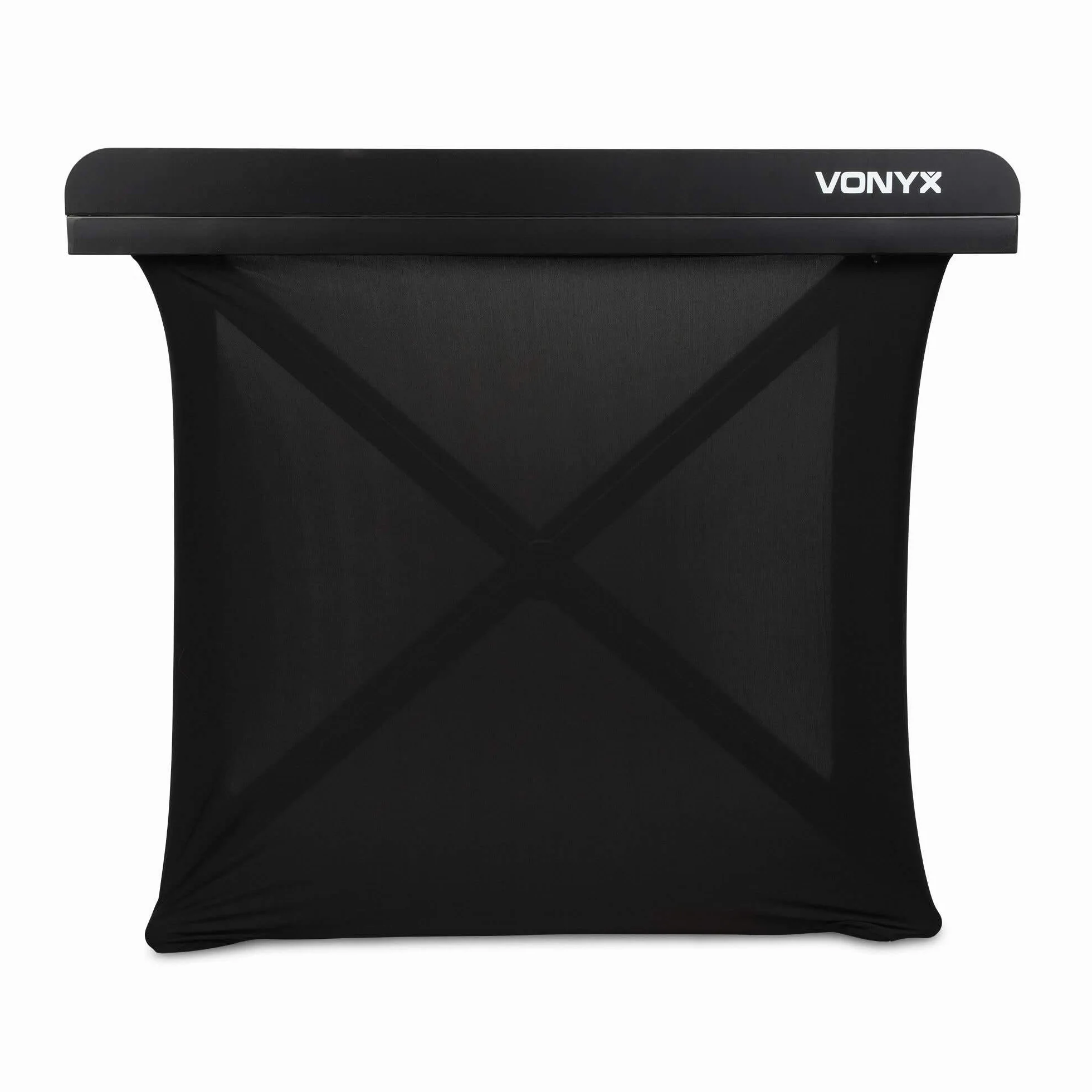 Vonyx DBE100 – Cabina DJ Plegable de 1 m de Ancho con Altura Regulable 80-99,2 cm, Mesa DJ portátil de Aluminio Negro con Lycra Negra ignífuga y Bolsa Transporte para DJ móvil