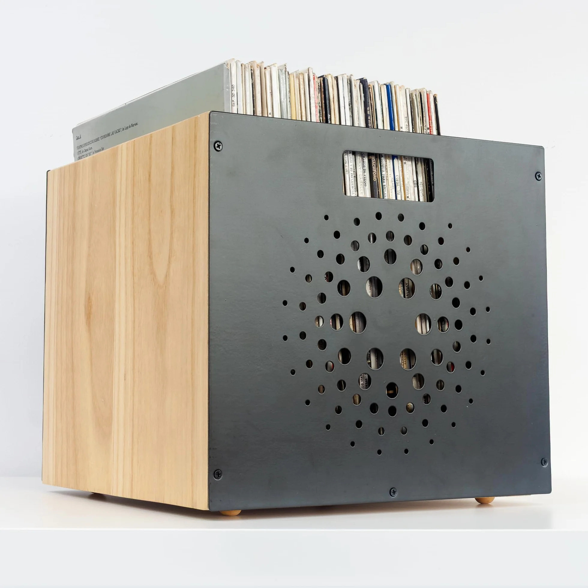 Caja de Vinilos en Madera y Acero Carbono Orbit | Archivador Discos de Vinilo Minimalista | Caja para Discos de Vinilo Apilable | Estanteria para Vinilos | Capacidad 50 LPs