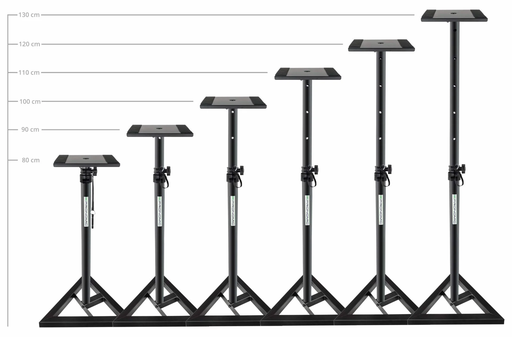 Pronomic SLS-10 2x Soporte de altavoz para monitor de estudio - Altura ajustable de 80 cm a 130 cm, base triangular, pies de goma, pies con pinchos, acero, placa de soporte con tiras de goma - Negro
