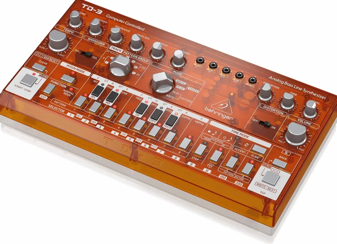 Behringer TD-3-TG Sintetizador de línea de graves analógico con VCO, VCF, secuenciador de 16 pasos, efectos de distorsión y cadena de poli 16 voz, compatible con PC y Mac